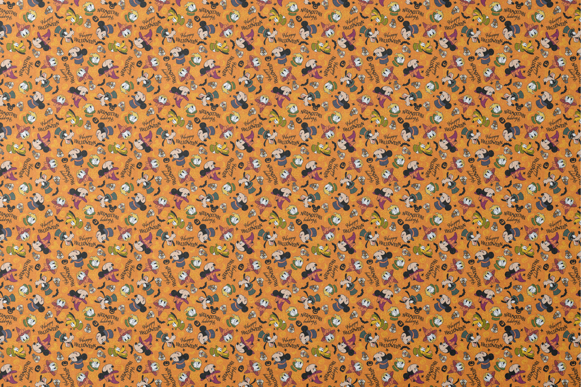 Disney characters in Halloween costumes on orange background with pumpkins and "Happy Halloween" text designs flat mockup