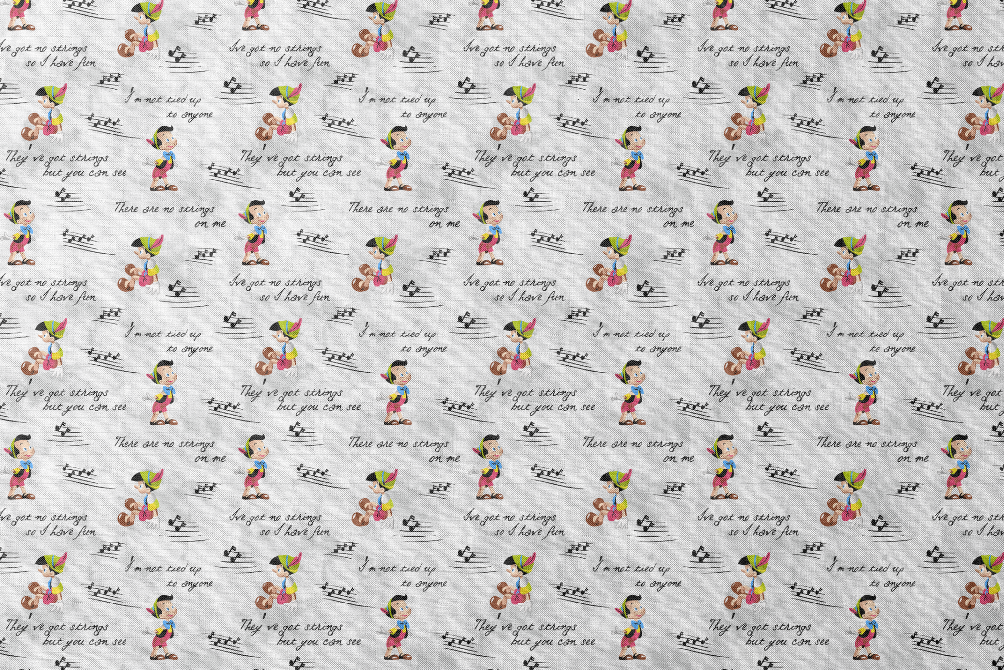 Cartoon characters on a light gray background with musical notes and phrases about strings designs flat mockup