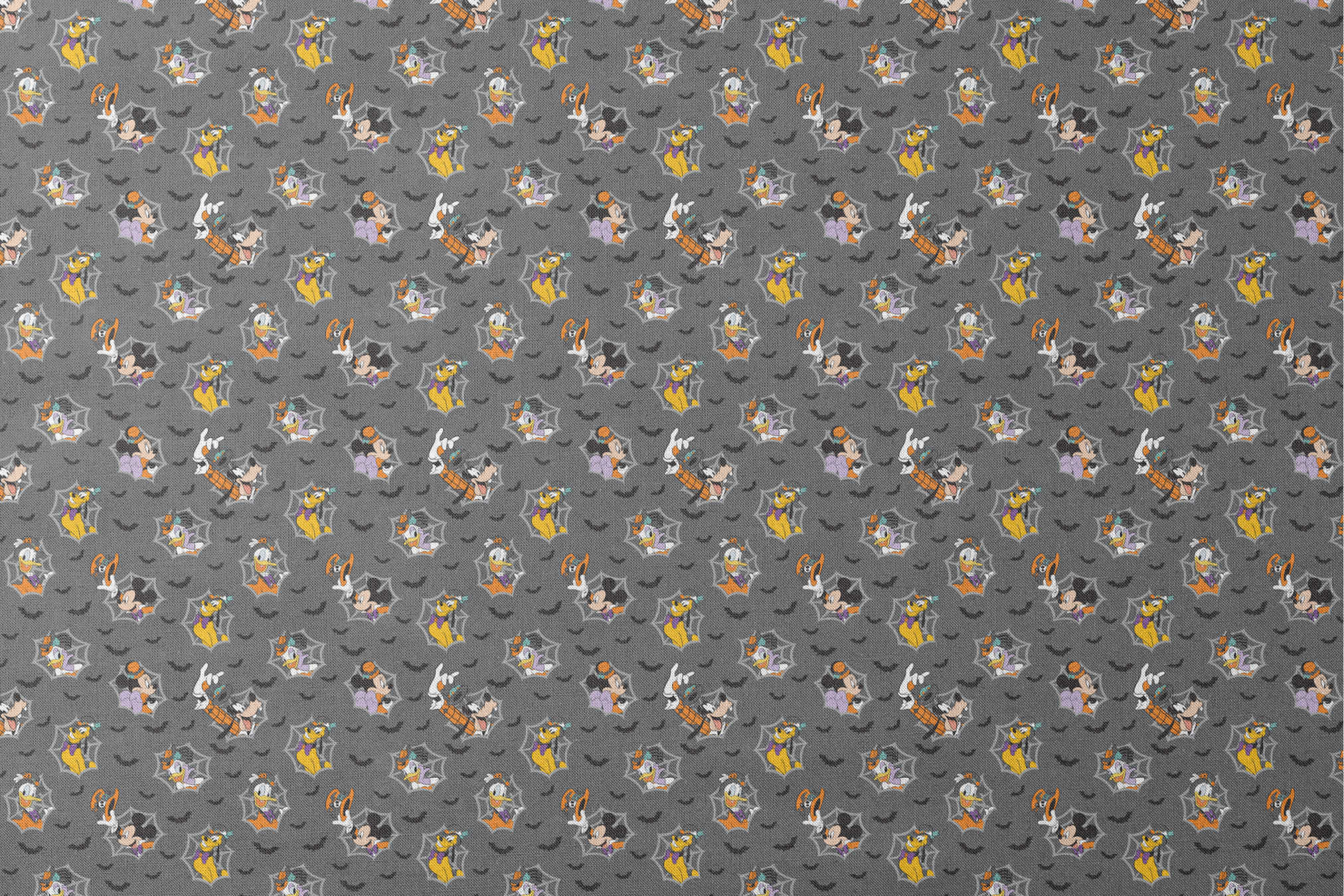 Disney cartoon characters in Halloween costumes on gray background with spider webs and bats designs flat mockup