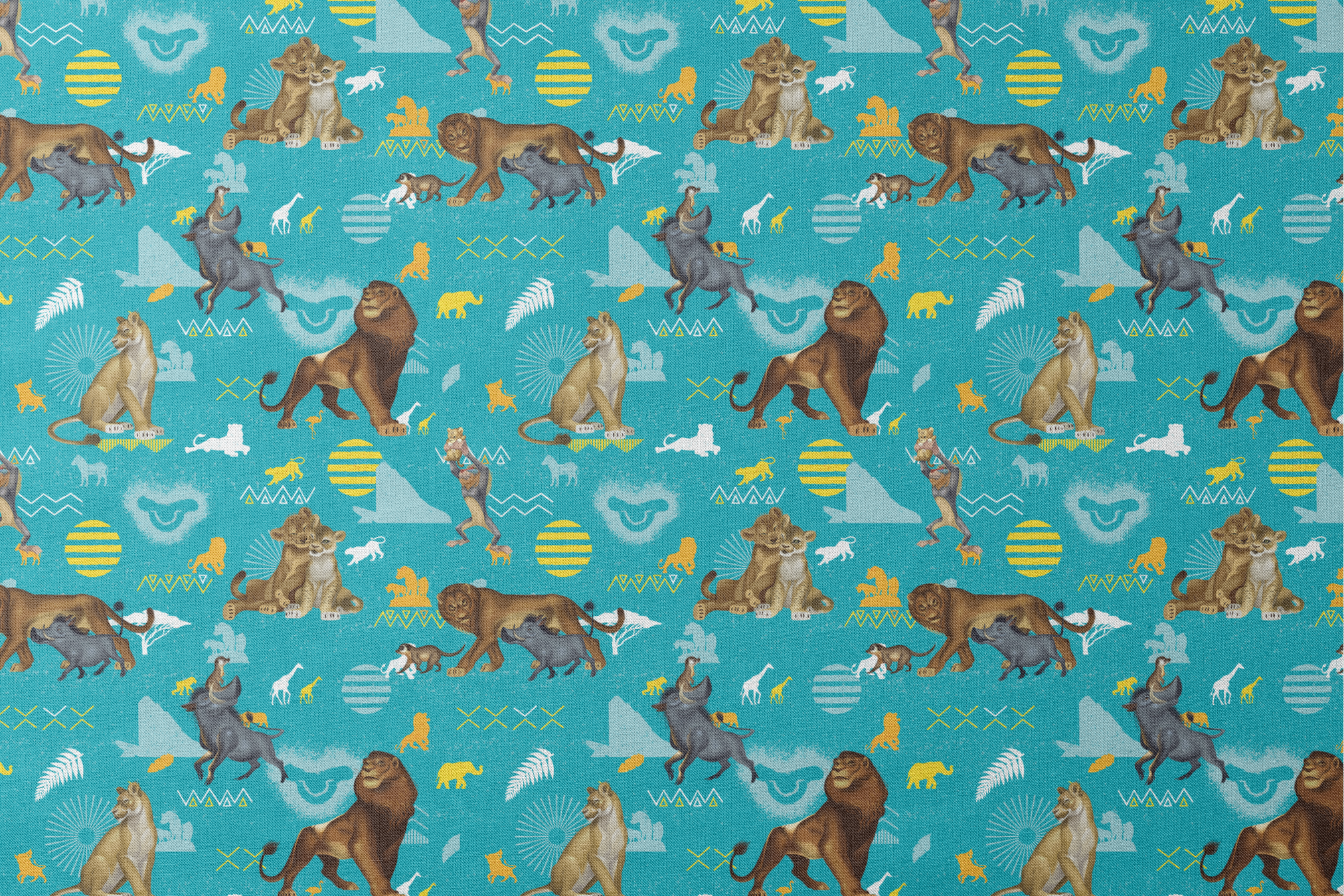 Animated lions pattern on turquoise background with geometric shapes and tribal designs designs flat mockup