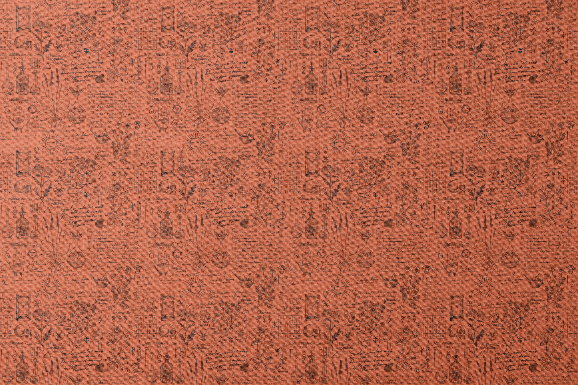 Red-orange Halloween background with vintage alchemical drawings, botanical sketches, symbols, handwritten notes, and mystical elements arranged like an ancient manuscript page. designs flat mockup