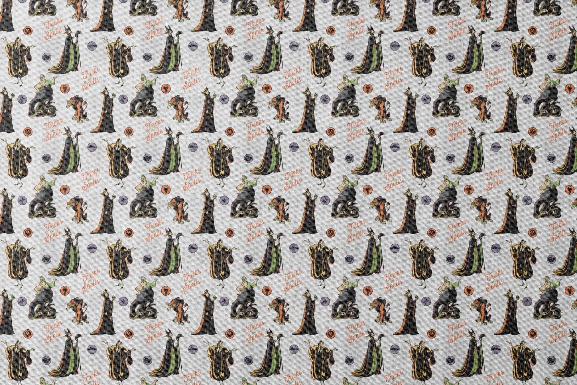 Halloween pattern with Disney villains, spells text, and magical symbols on light background designs flat mockup