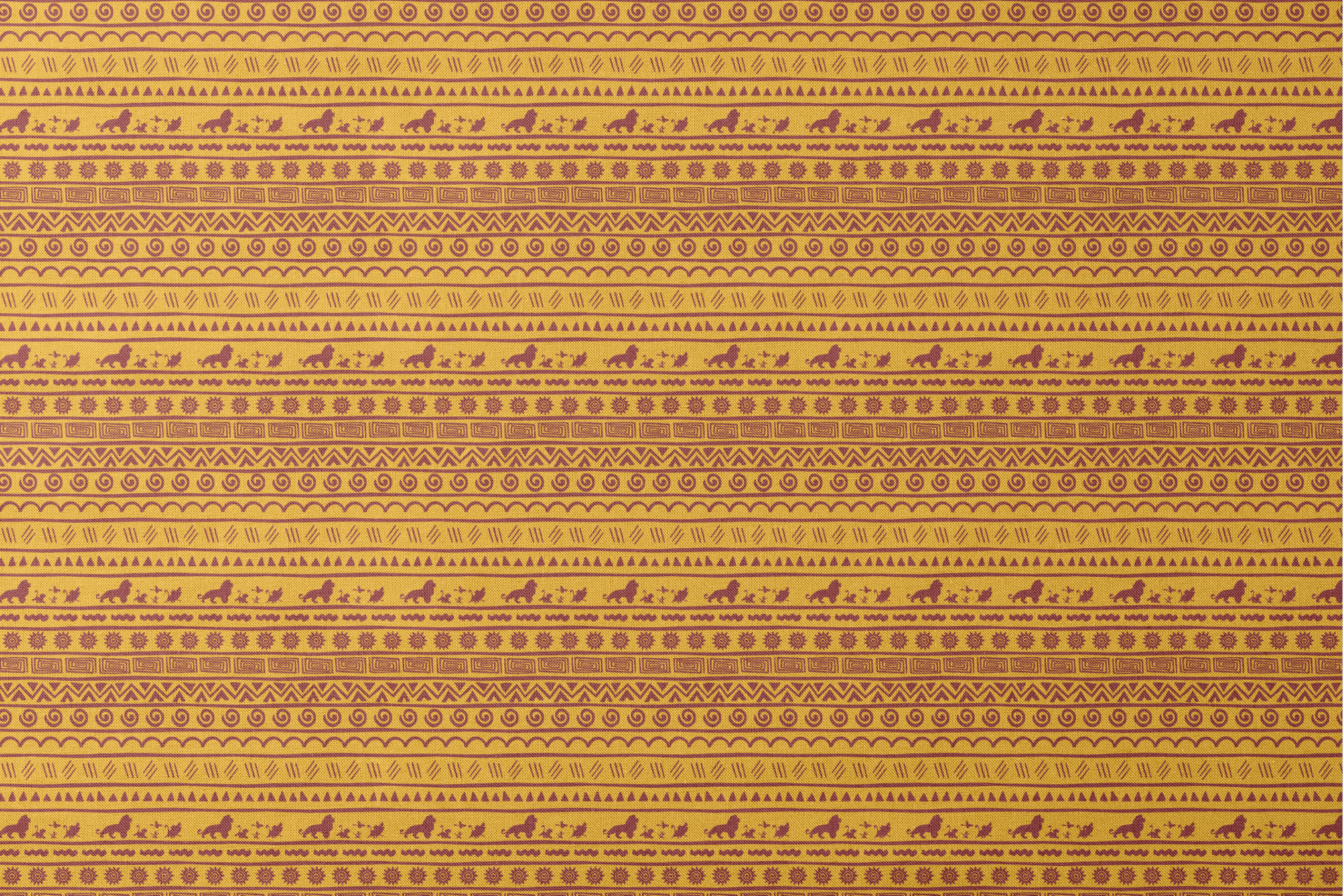 Traditional African pattern in yellow and maroon with spirals, lions, geometric designs, and sun symbols arranged in horizontal bands designs flat mockup
