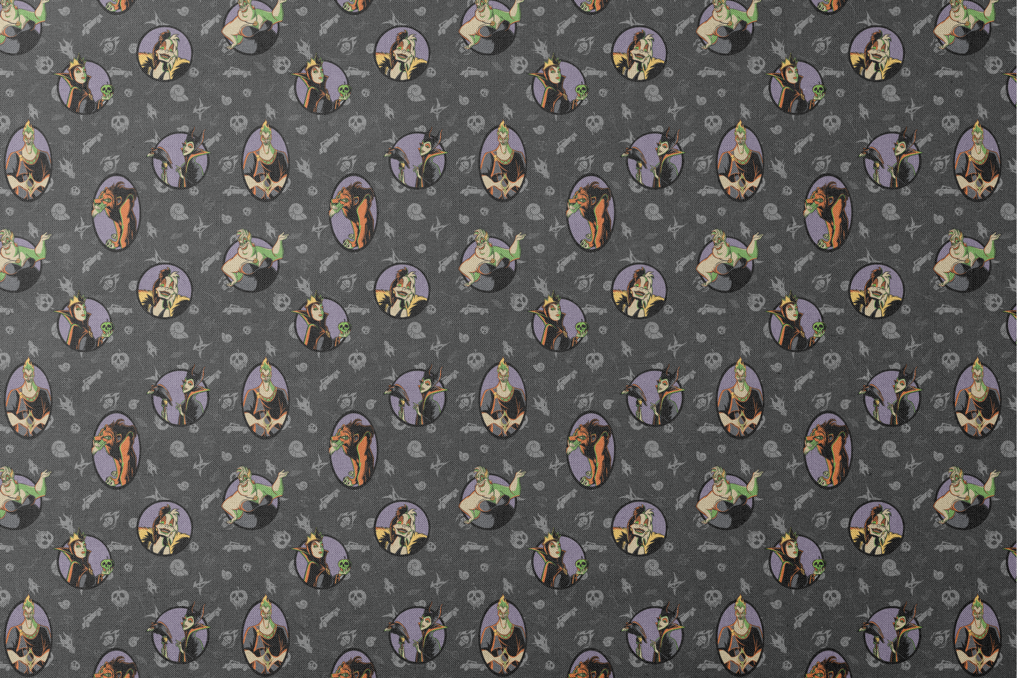 Cartoon Disney villains in purple circles on dark gray background with villain-themed icons designs flat mockup