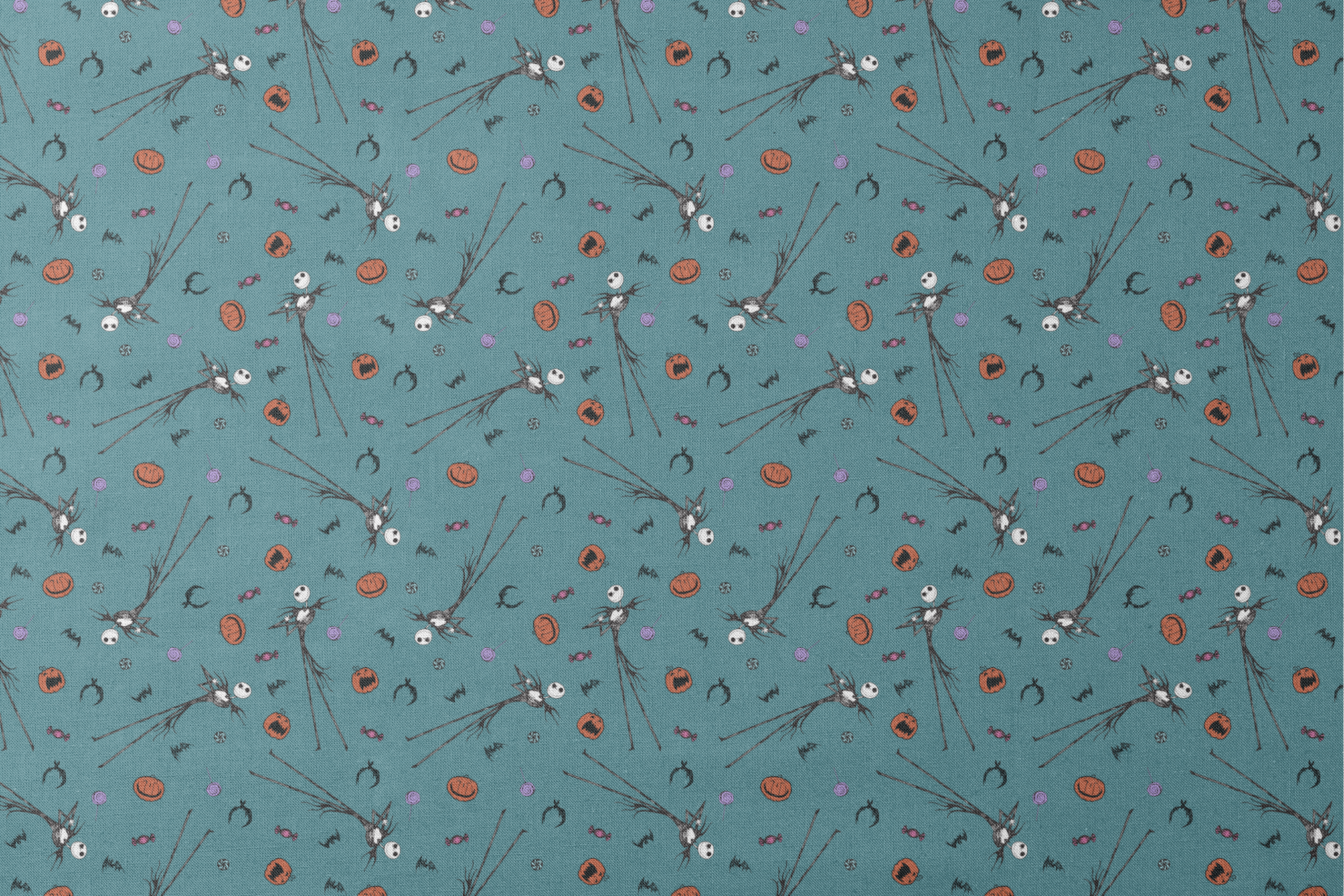 Halloween pattern with witch brooms, pumpkins, bats, candy, and creepy eyes on teal background designs flat mockup