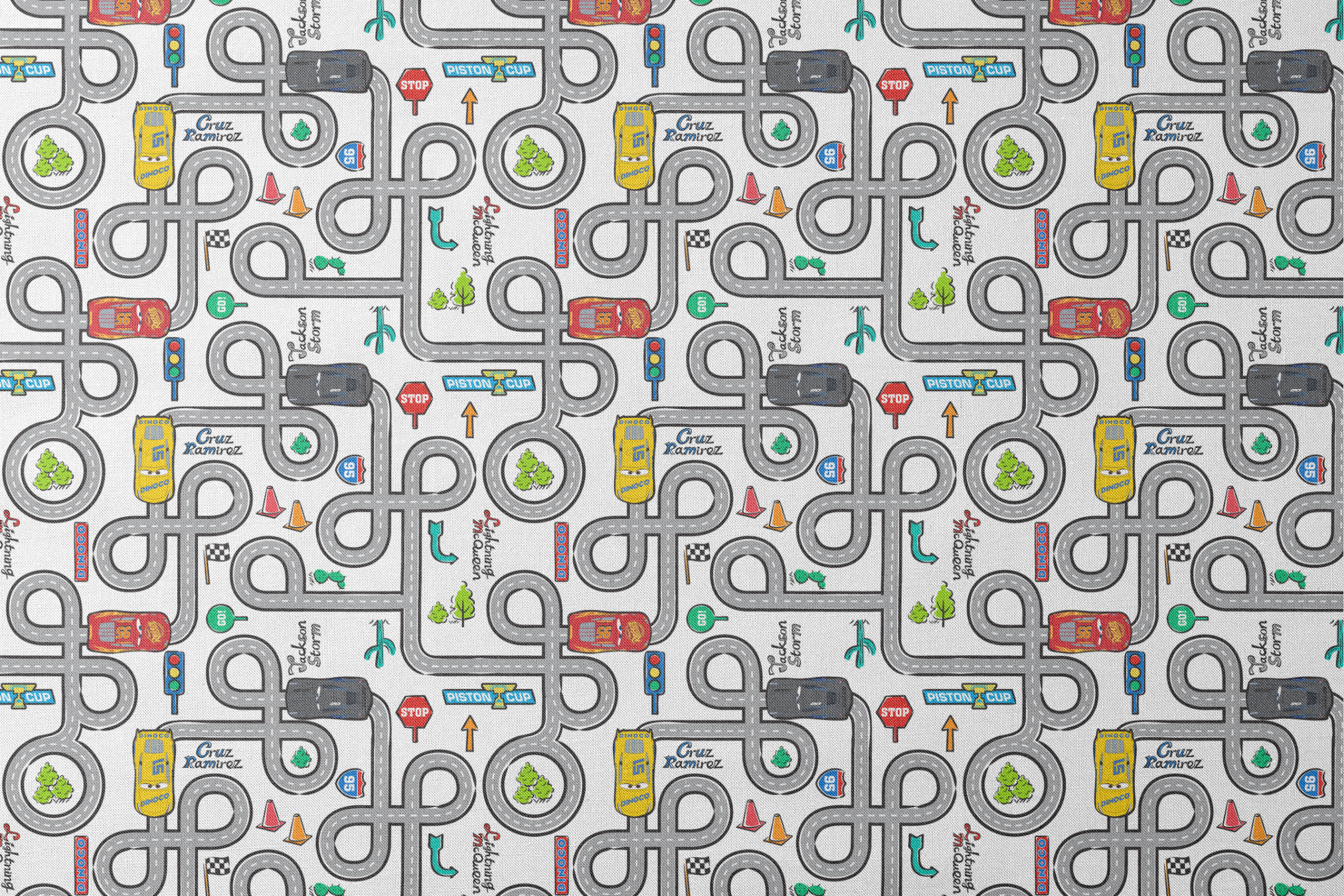 Cartoon road map with cars, traffic signs, and "Cruz Ramirez" label on winding gray streets designs flat mockup