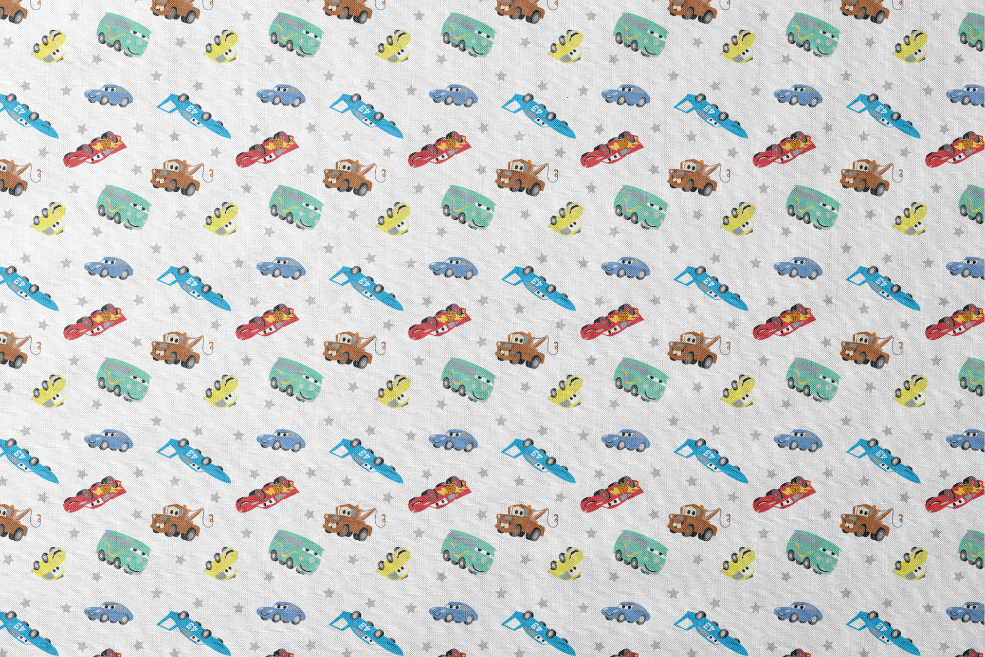 Cartoon vehicles pattern with colorful cars, trucks, and racing cars on white background with gray stars designs flat mockup