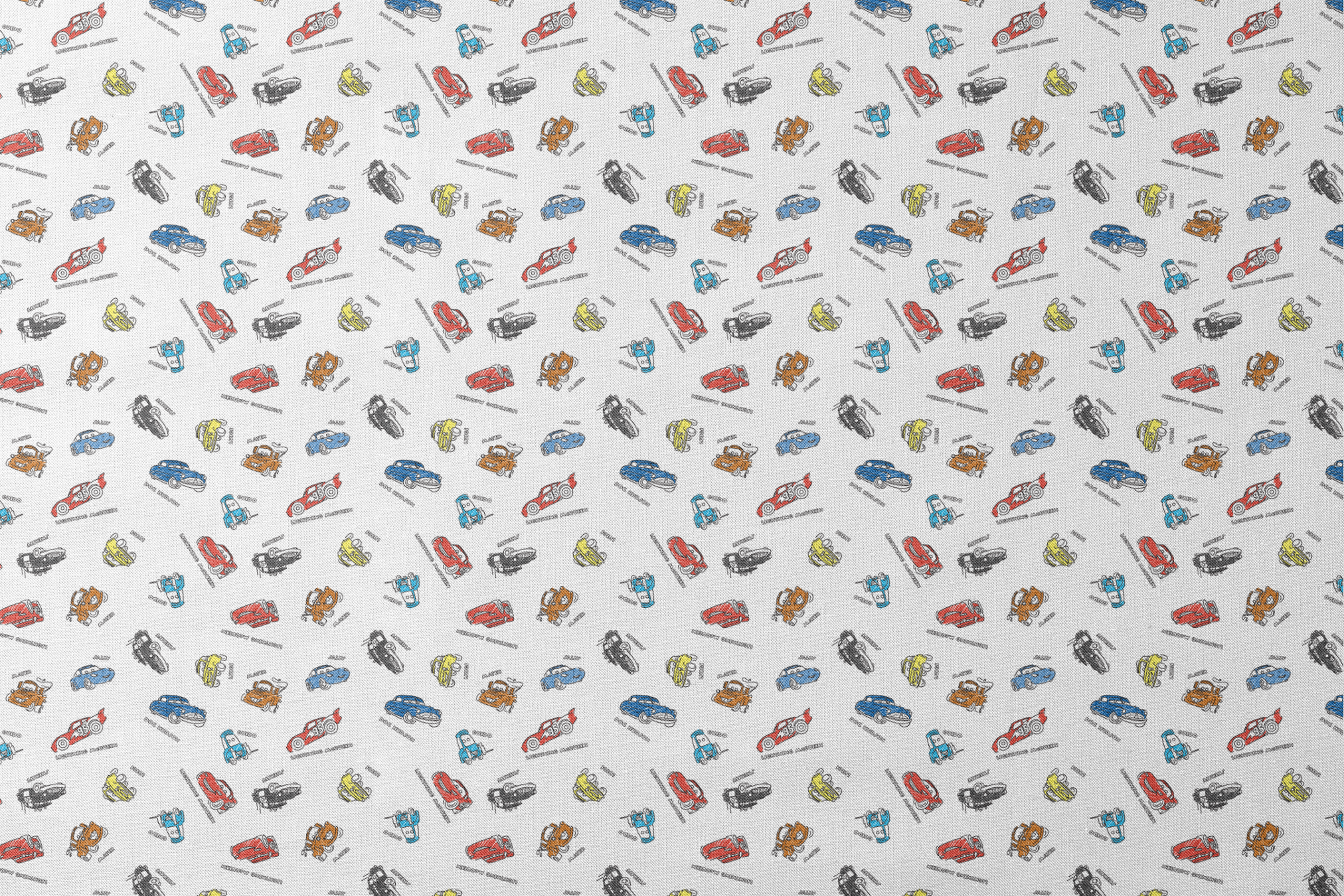 Colorful cartoon race cars in various colors scattered on white background with small text labels designs flat mockup