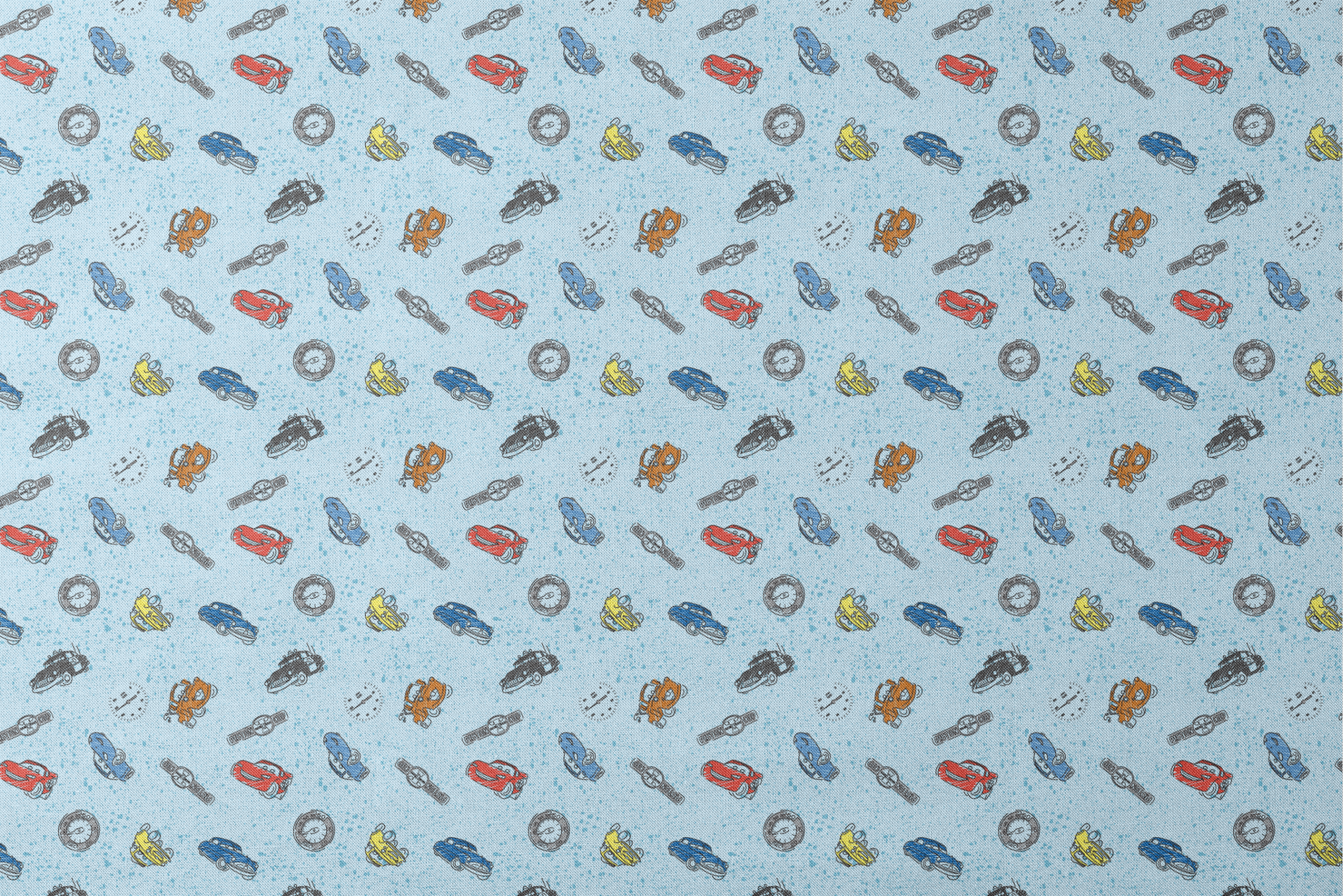 Colorful cartoon cars and watches scattered on a light blue speckled background pattern designs flat mockup