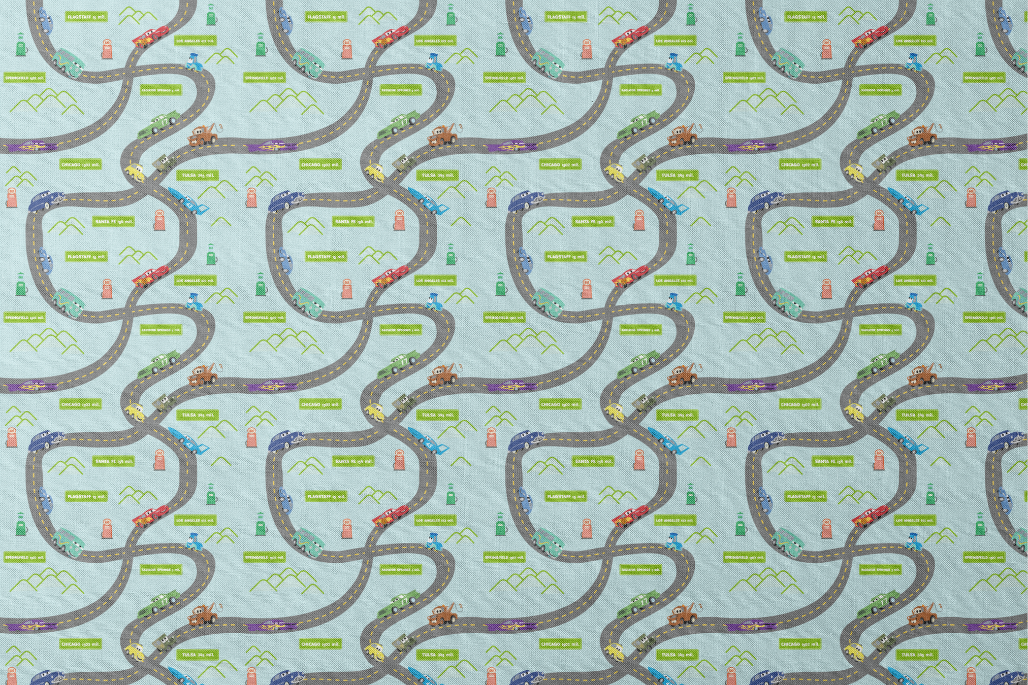 Cars from "Cars" movie on winding road with green speech bubbles showing different car brands and gas stations. designs flat mockup