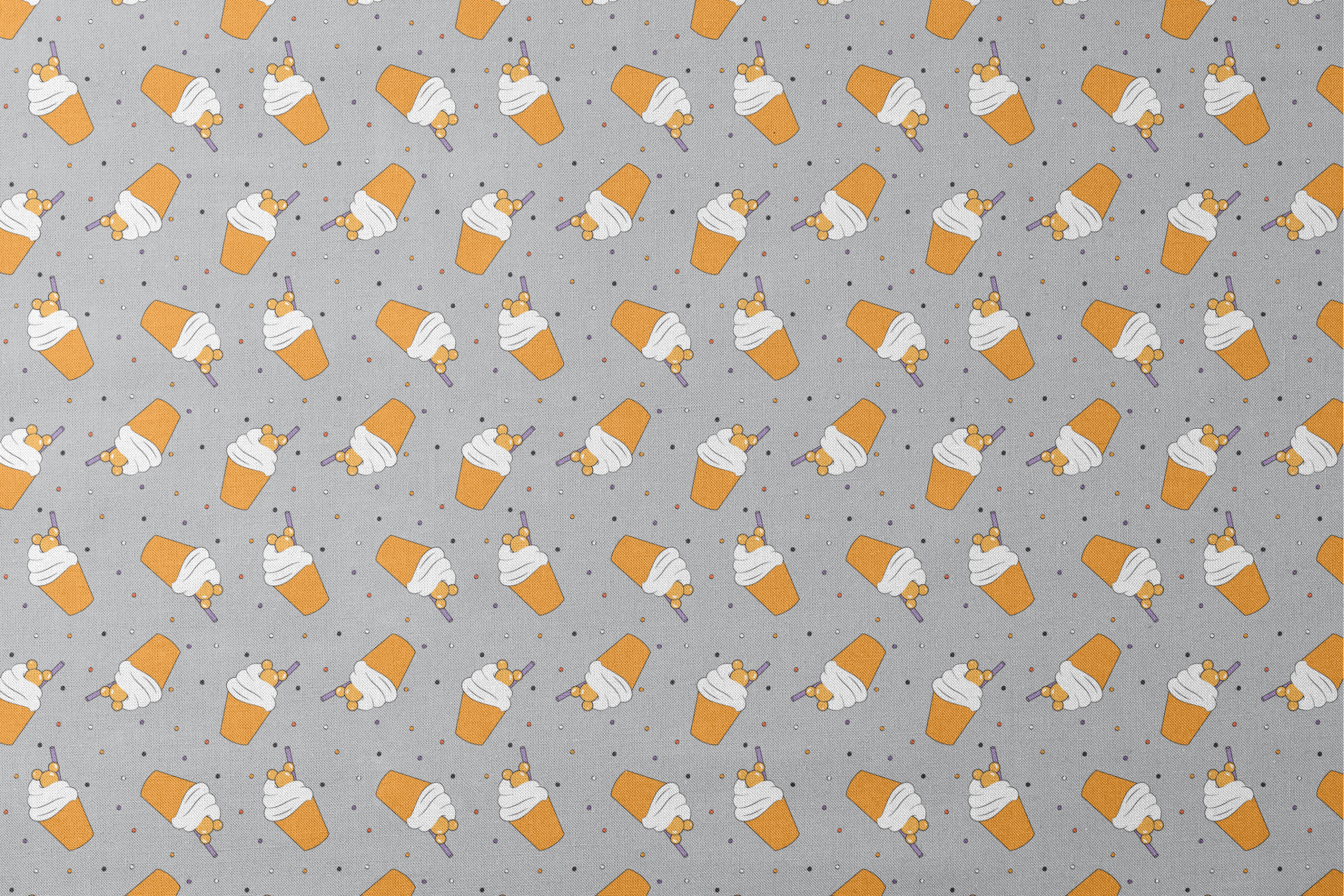 Orange Disney-inspired drinks with whipped cream and purple straws on gray background with colorful dots designs flat mockup