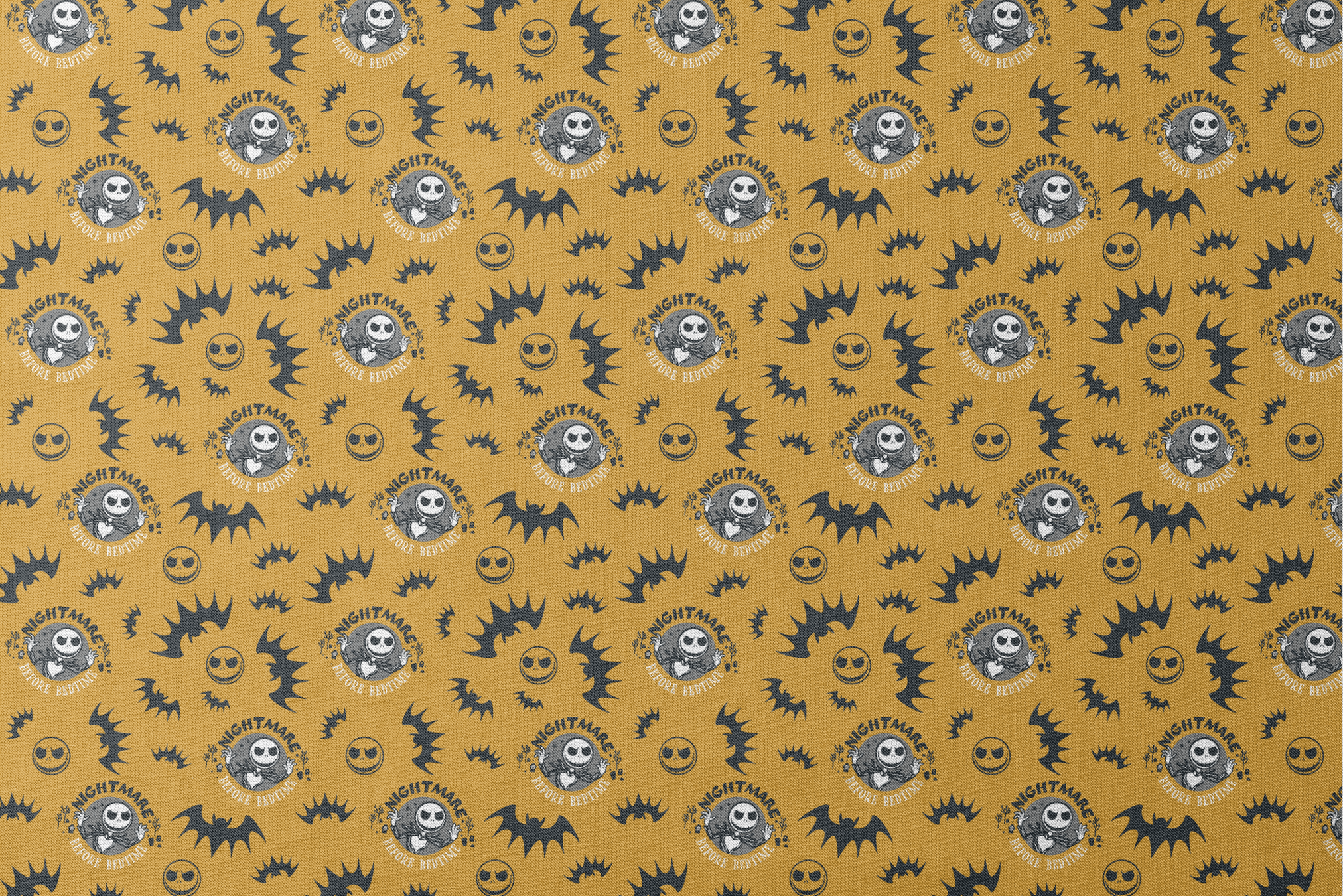 Halloween pattern with skeletal figure, "Nightmare" text, yellow background, black bats and smiling faces designs flat mockup