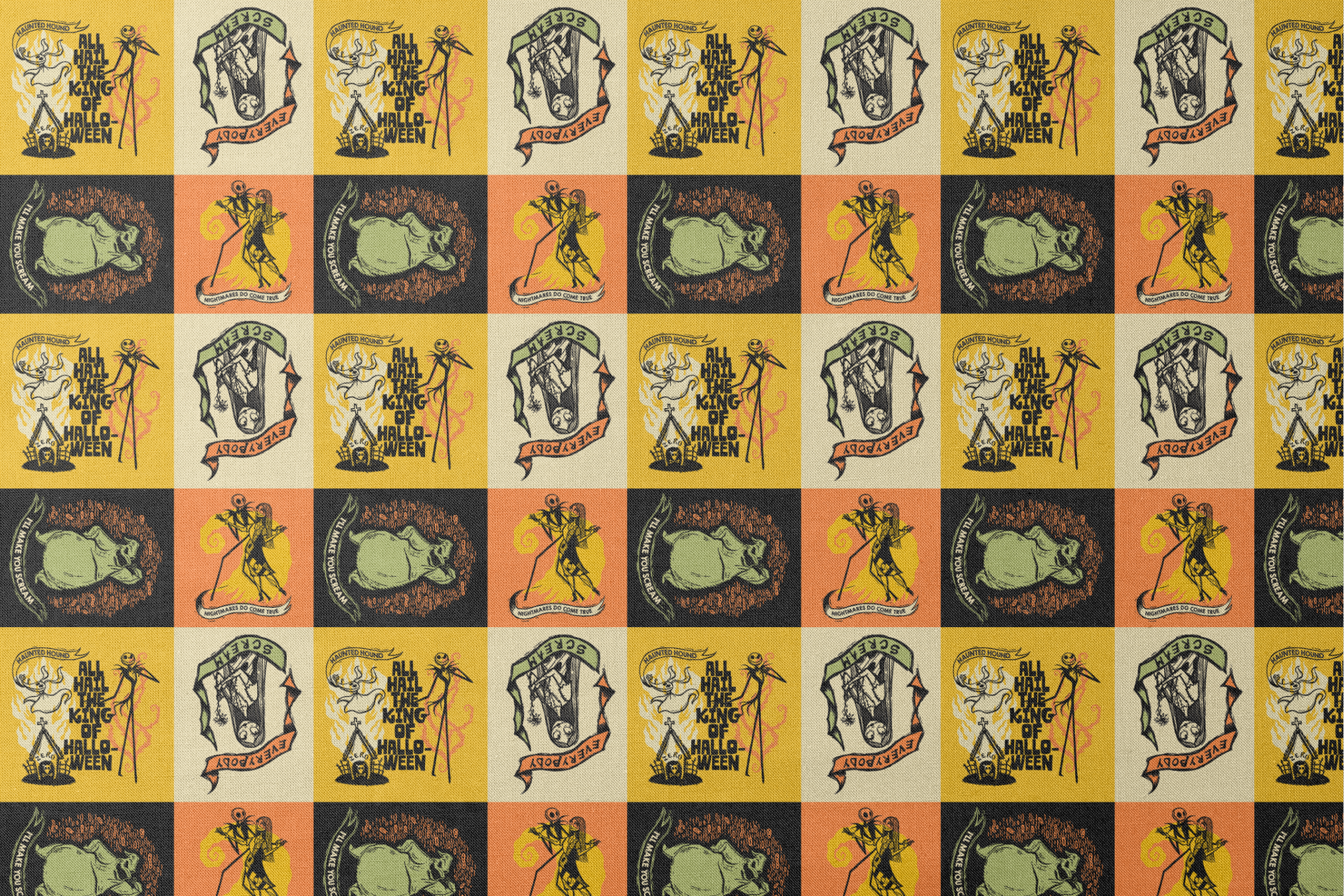 Four stylized Nightmare Before Christmas illustrations in a grid with yellow, green, and orange backgrounds featuring a haunted house and gothic imagery. designs flat mockup