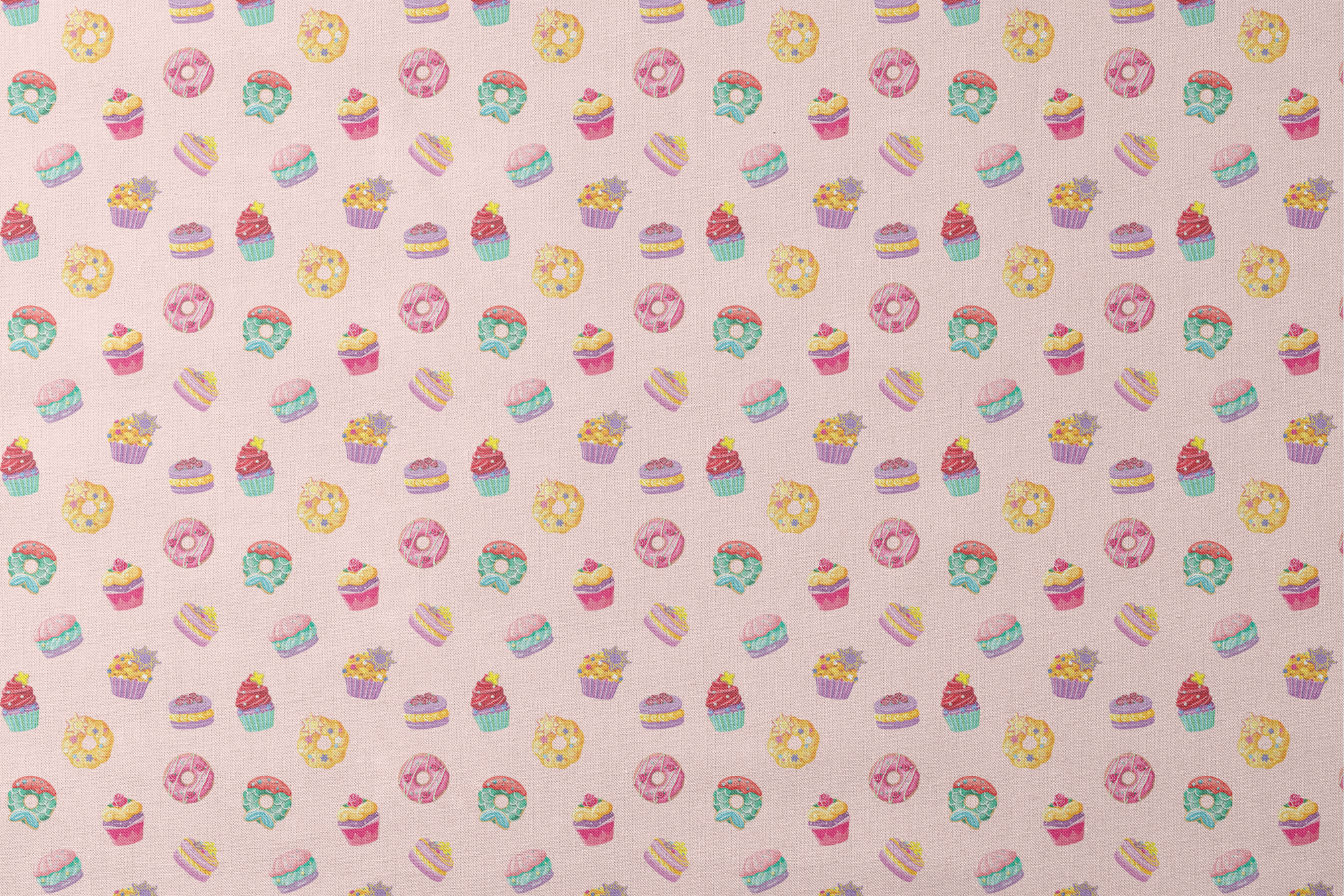 DIsney Princess-inspired dessert pattern with donuts, cupcakes, and macarons on a light pink background designs flat mockup