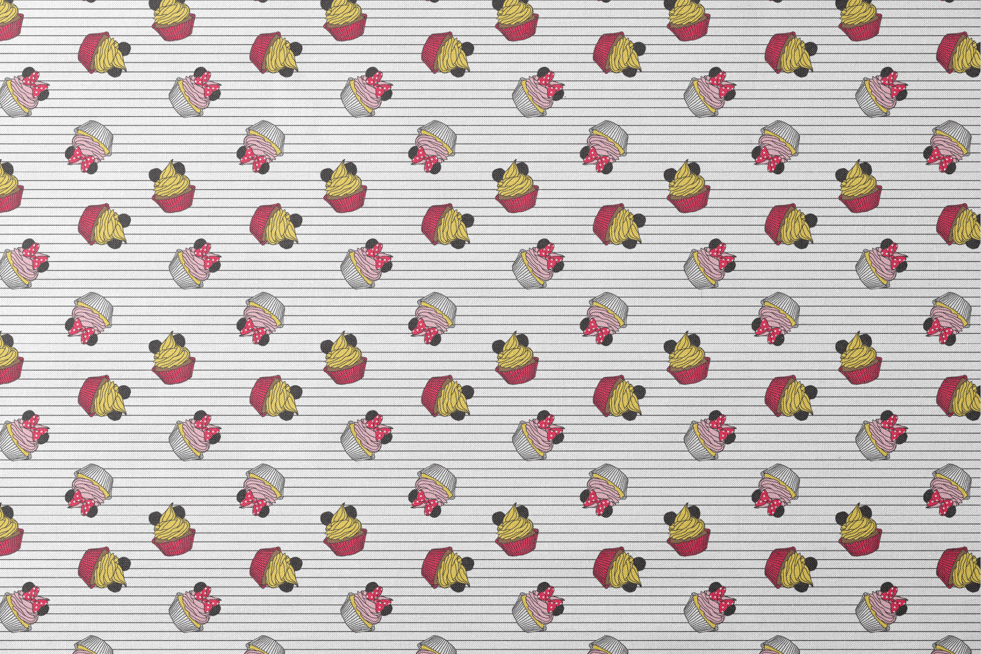 Colorful cartoon cupcakes with Mickey Mouse ears and bows scattered on striped background designs flat mockup