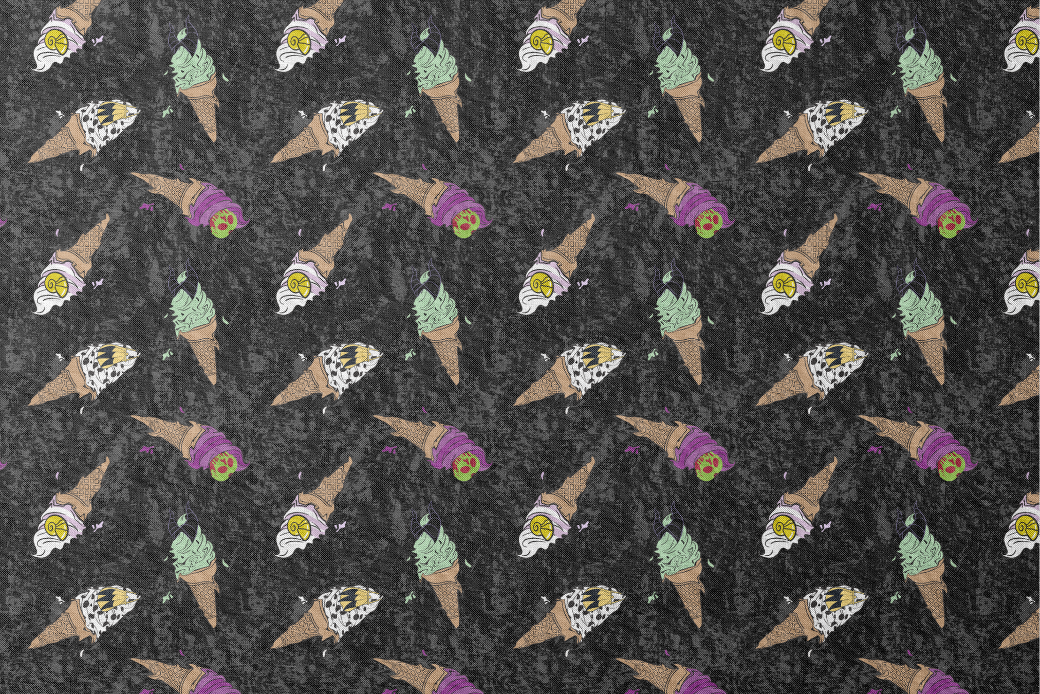 Disney Villain-inspired ice cream cones on black background designs flat mockup