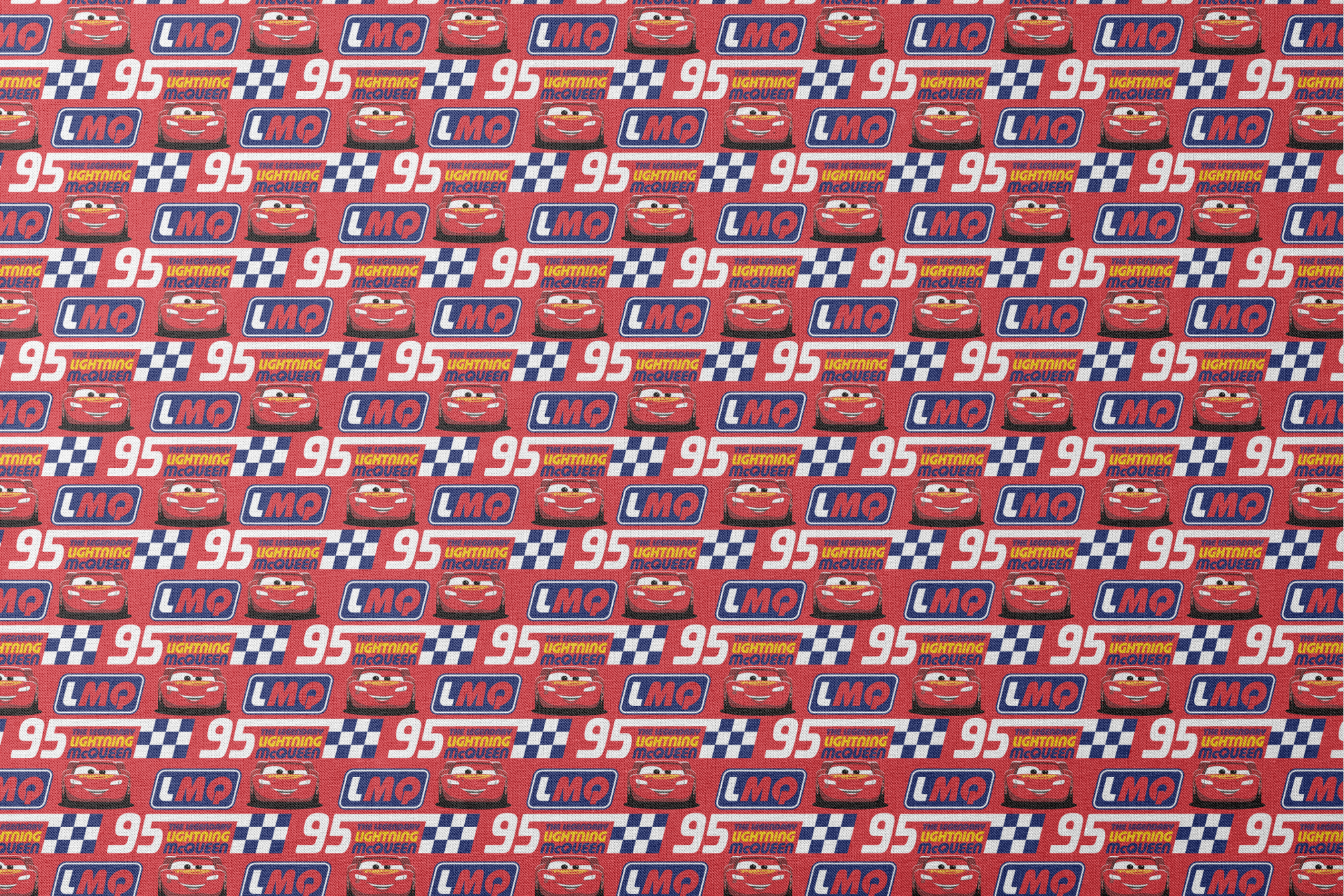 Colorful red racing pattern with "95" numbers, "Lightning" text, checkered flags, and blue "LMC" logos designs flat mockup