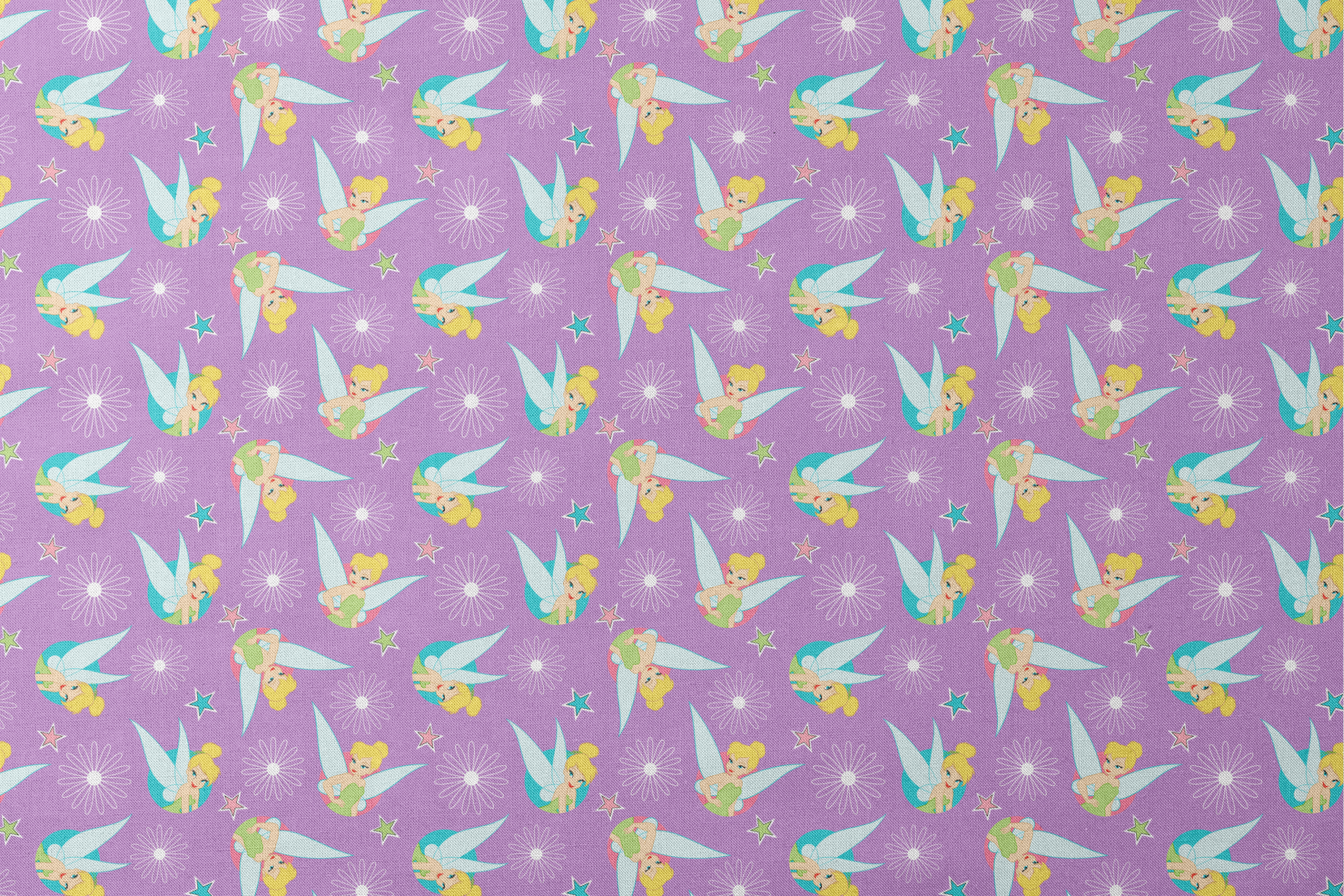 Tinker Bell on a purple background with white daisy flowers and colorful stars. designs flat mockup