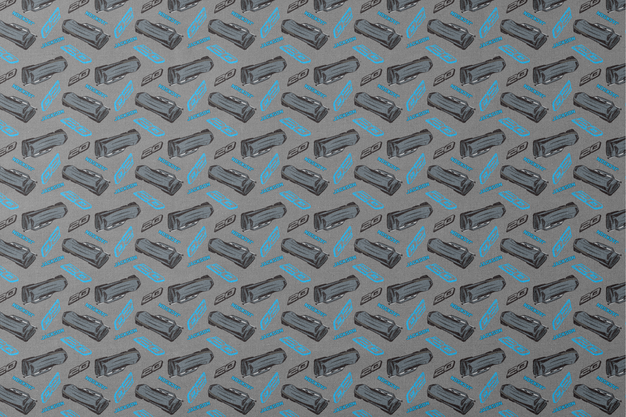 Dark gray background with scattered black car parts and blue "JACKSON" text and stylized logos in a repeating pattern designs flat mockup