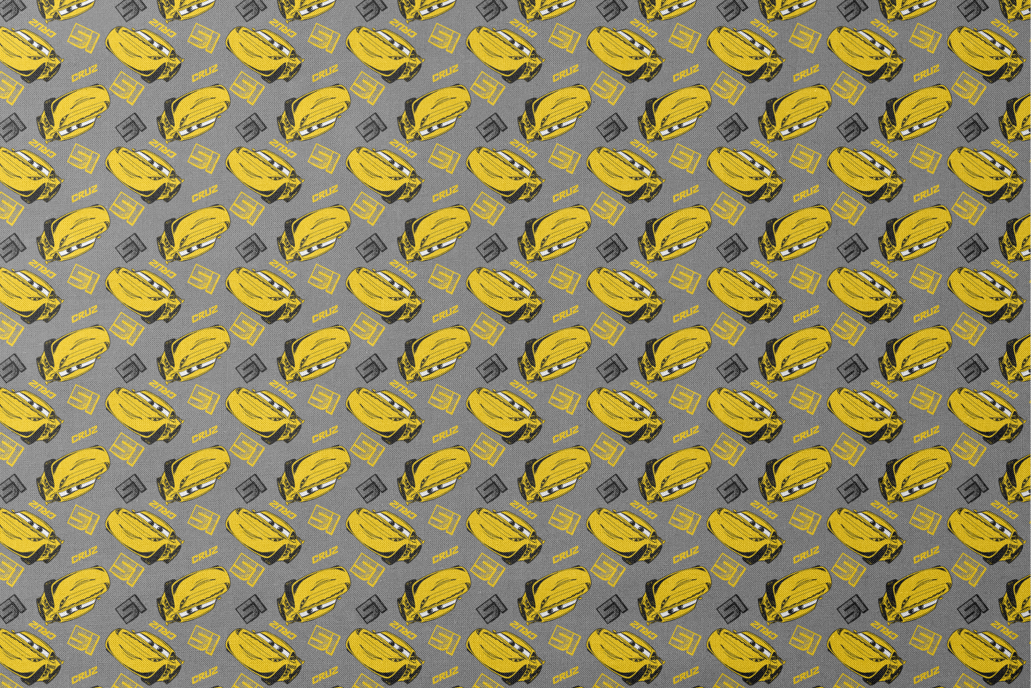 Yellow cartoon race cars with Cruz name on gray background, Cars movie pattern designs flat mockup