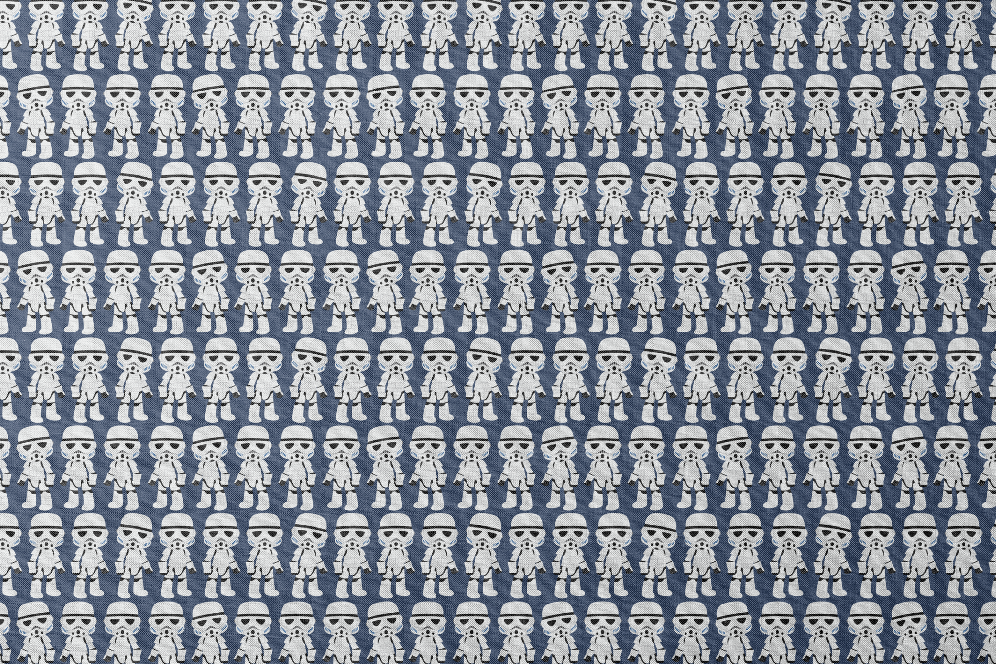 Repeated pattern of cartoon Stormtrooper characters in white armor against dark blue background designs flat mockup
