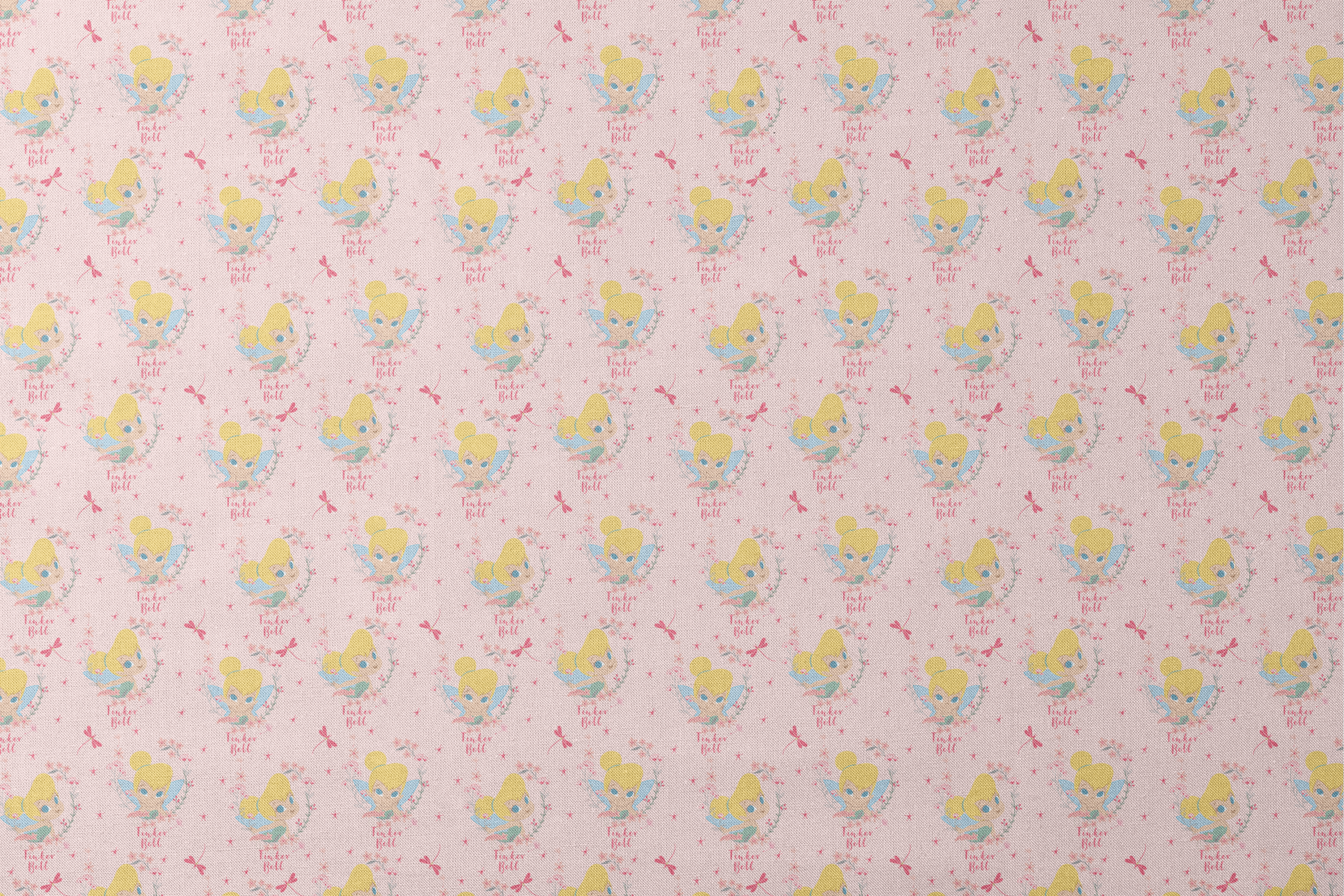 Pink background with Tinker Bell surrounded by flowers, stars, and dragonflies designs flat mockup