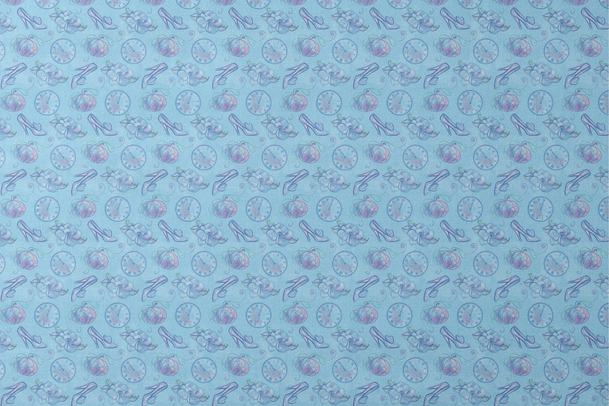 Whimsical Cinderella-themed pattern with glass slippers, pumpkins, clocks, and ribbons in soft blue and purple tones designs flat mockup