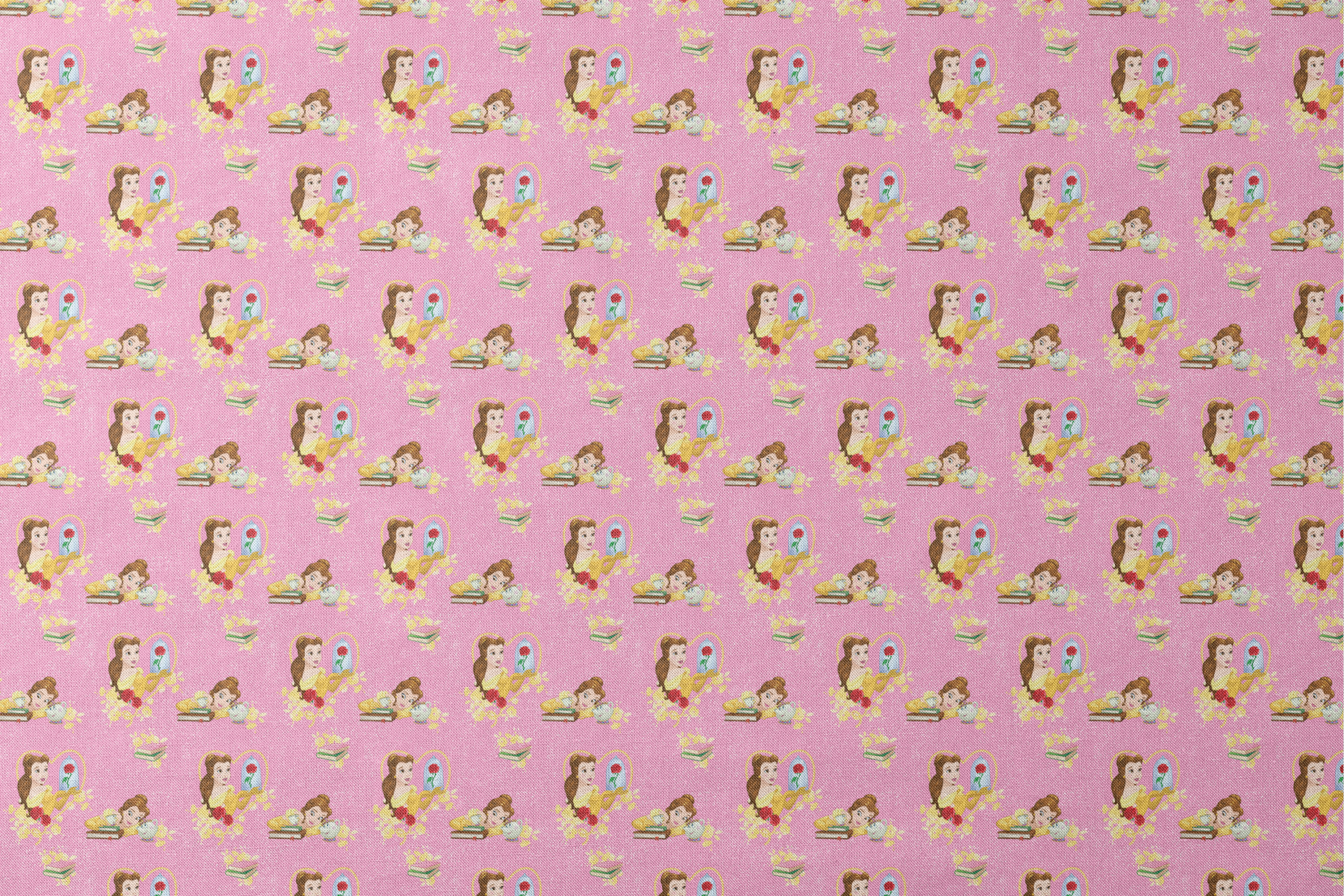 Repeating pattern of Disney's Belle character with enchanted rose and books on pink sparkly background designs flat mockup