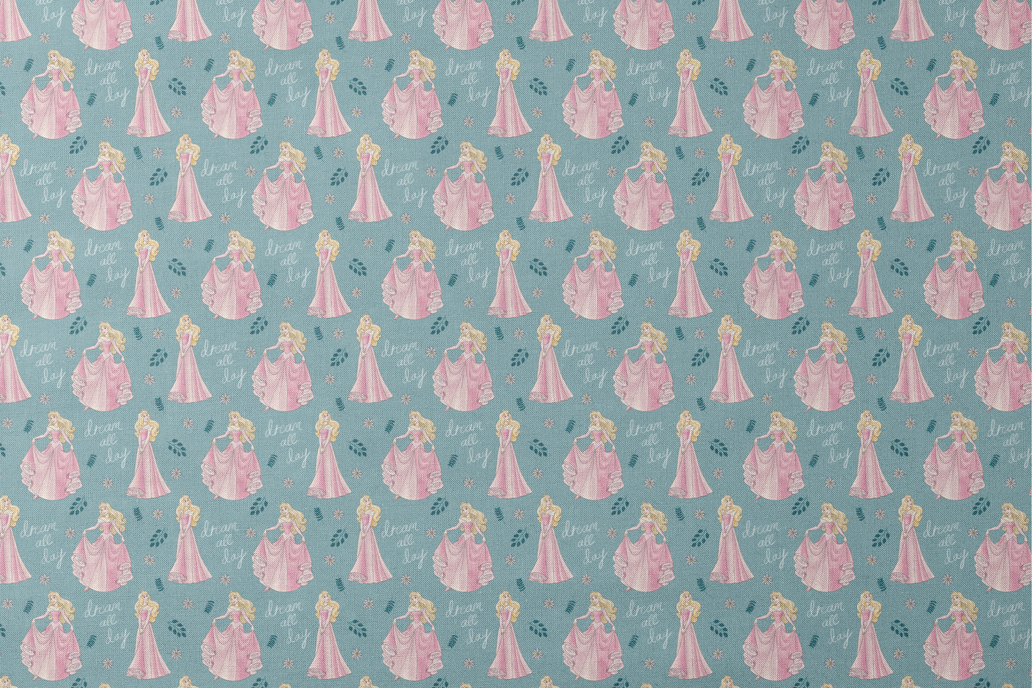 Sleeping Beauty pattern with "dream all day" text on teal background with floral elements designs flat mockup