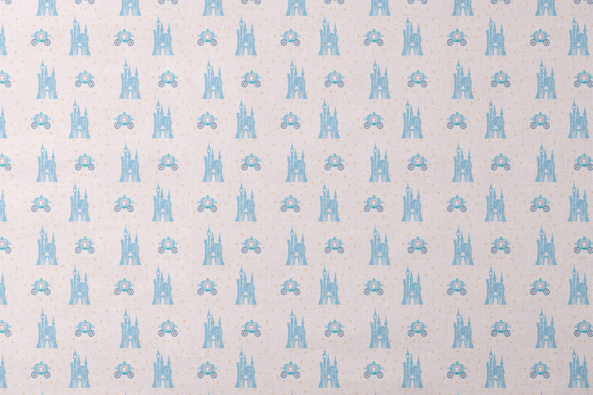 Cinderella pattern with blue castles, carriages, and gold stars on pale pink background designs flat mockup