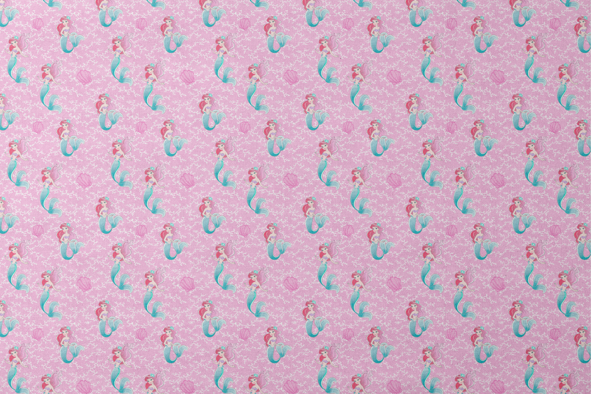 The Little Mermaid pattern with Ariel and purple seashells on pink background with white bubbles designs flat mockup