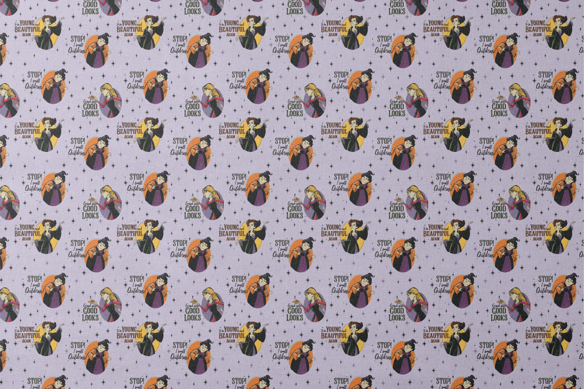 Disney villains pattern with circular portraits on purple starry background featuring animated characters and quote catchphrases designs flat mockup