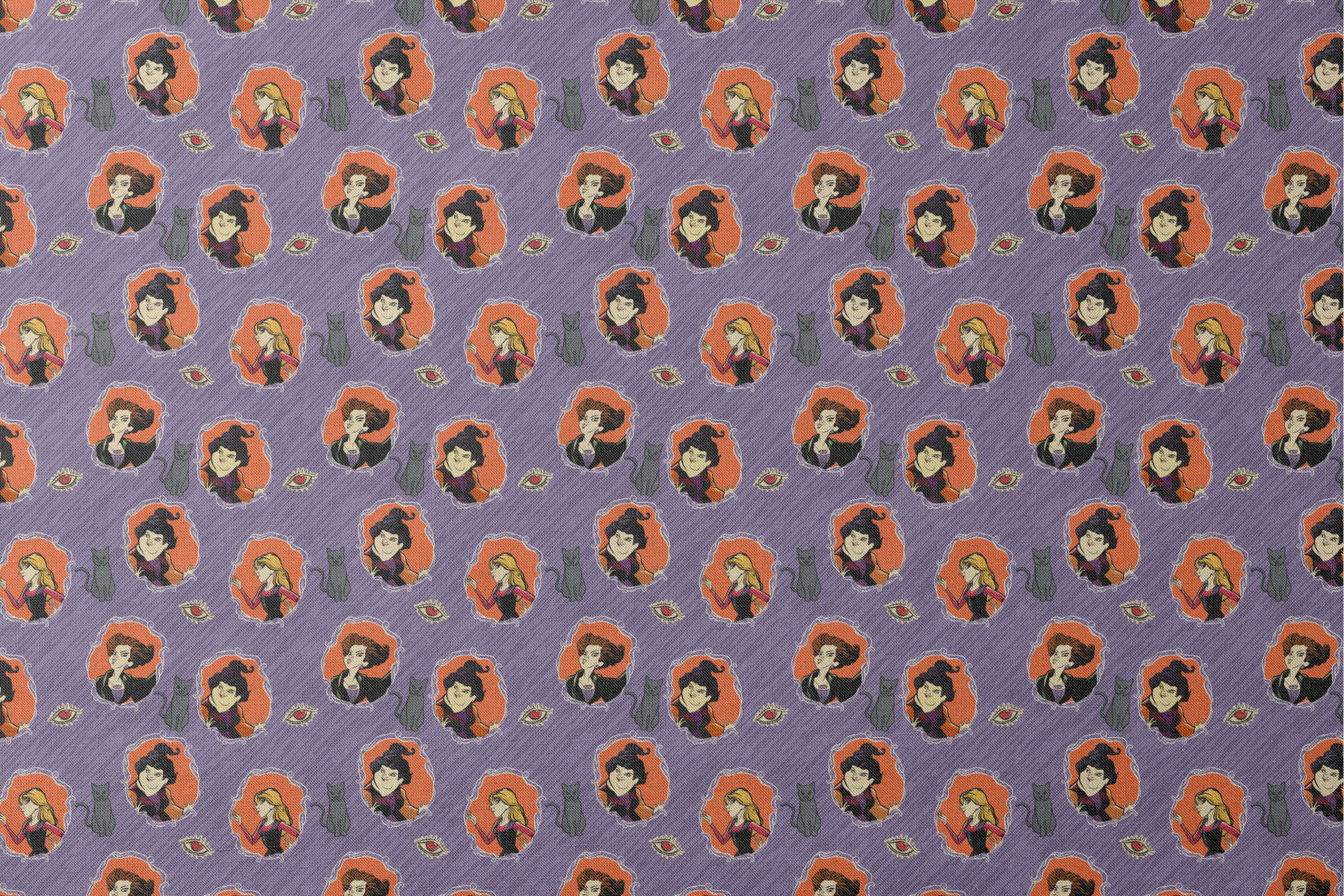 Purple background pattern with illustrated cartoon characters, black cats, and eye symbols in orange circular frames designs flat mockup