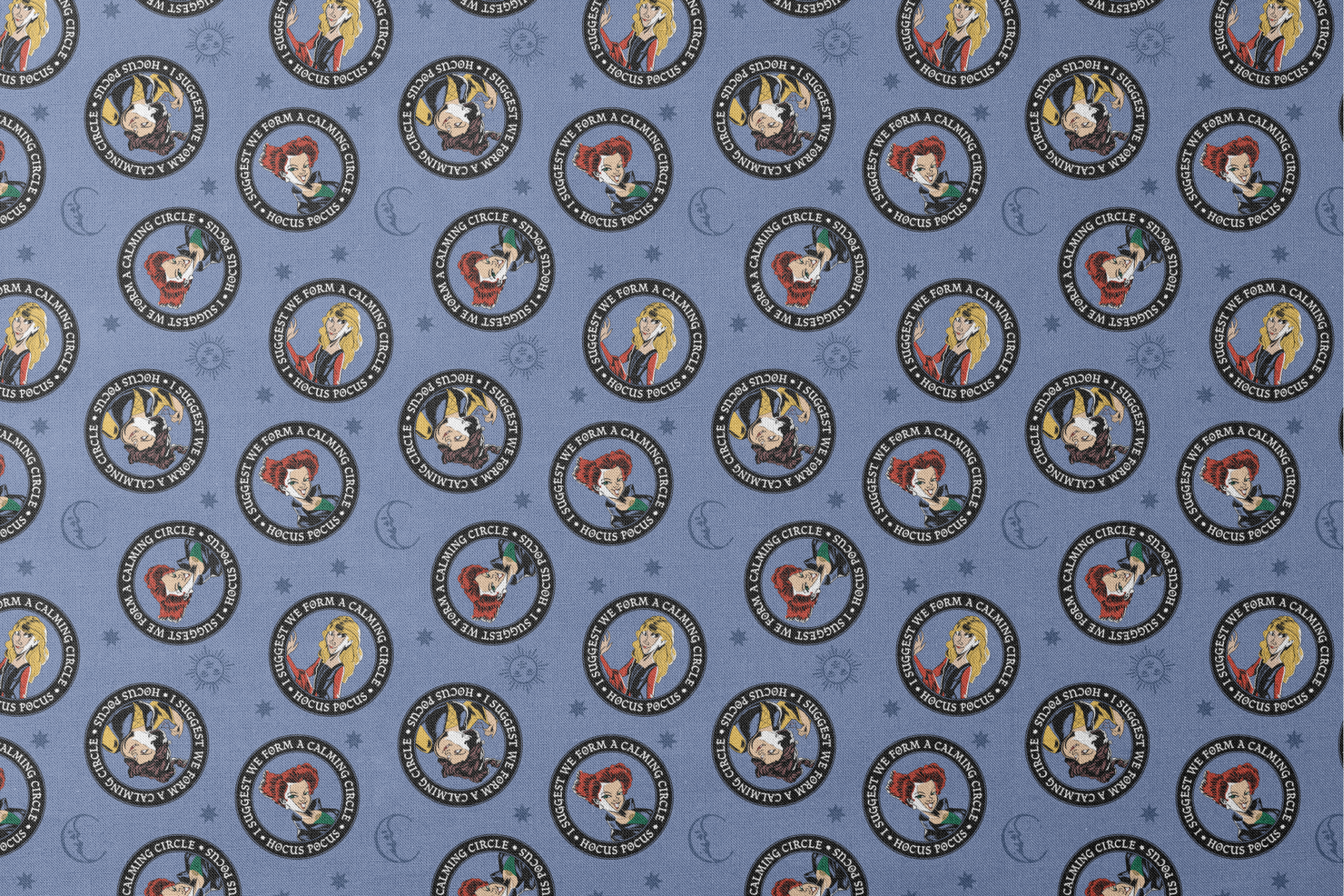 Cartoon witches in circular emblems with "Hocus Pocus" text on blue background with stars designs flat mockup