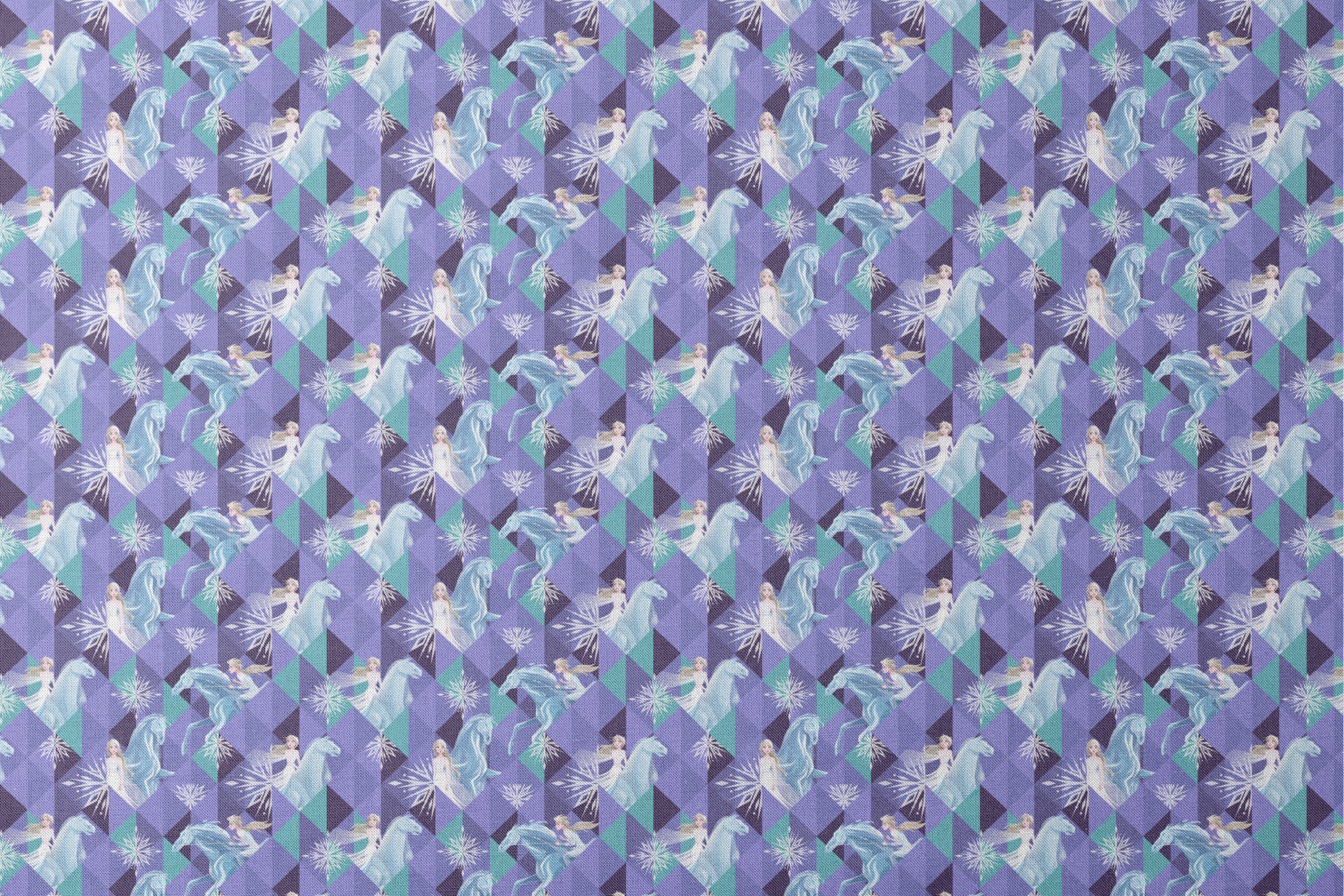 Disney's Frozen pattern with Elsa on horses against purple geometric background with snowflakes designs flat mockup