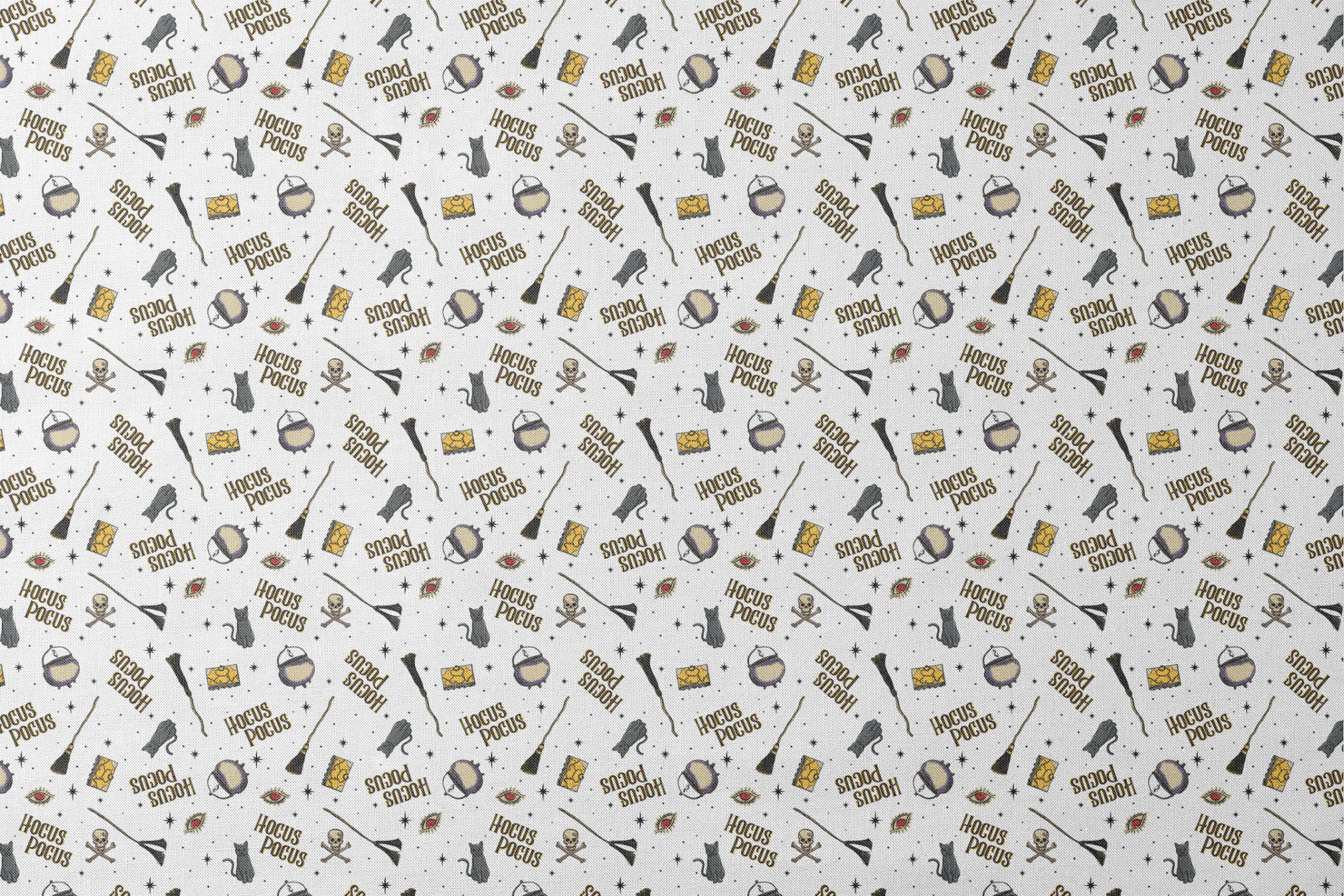 Repeating pattern of witchcraft items with "Hocus Pocus" text, cauldrons, brooms, and mystical symbols on white background designs flat mockup