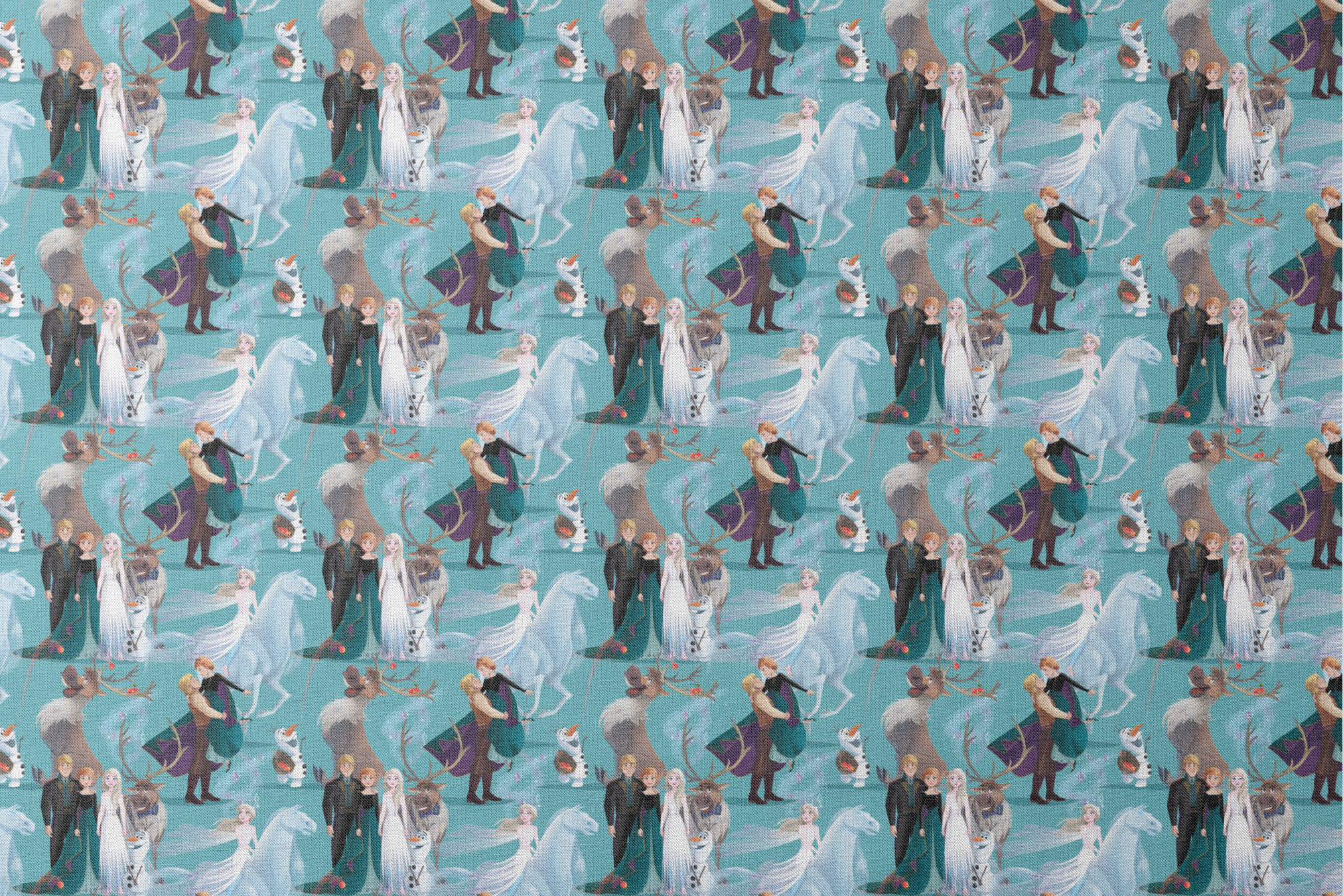 Characters from Frozen movie including Elsa, Olaf, Sven and others on turquoise background designs flat mockup