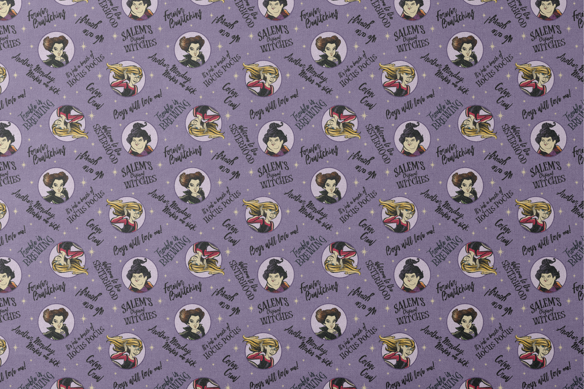 Purple background pattern with cartoon witches in circles, magical phrases and stars scattered throughout in black text designs flat mockup