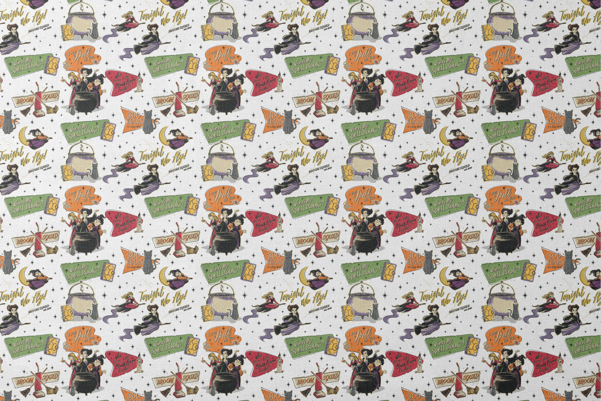 Halloween witch-themed pattern with spell books, cauldrons, brooms, stars, cats, potions and magical sayings on white background designs flat mockup