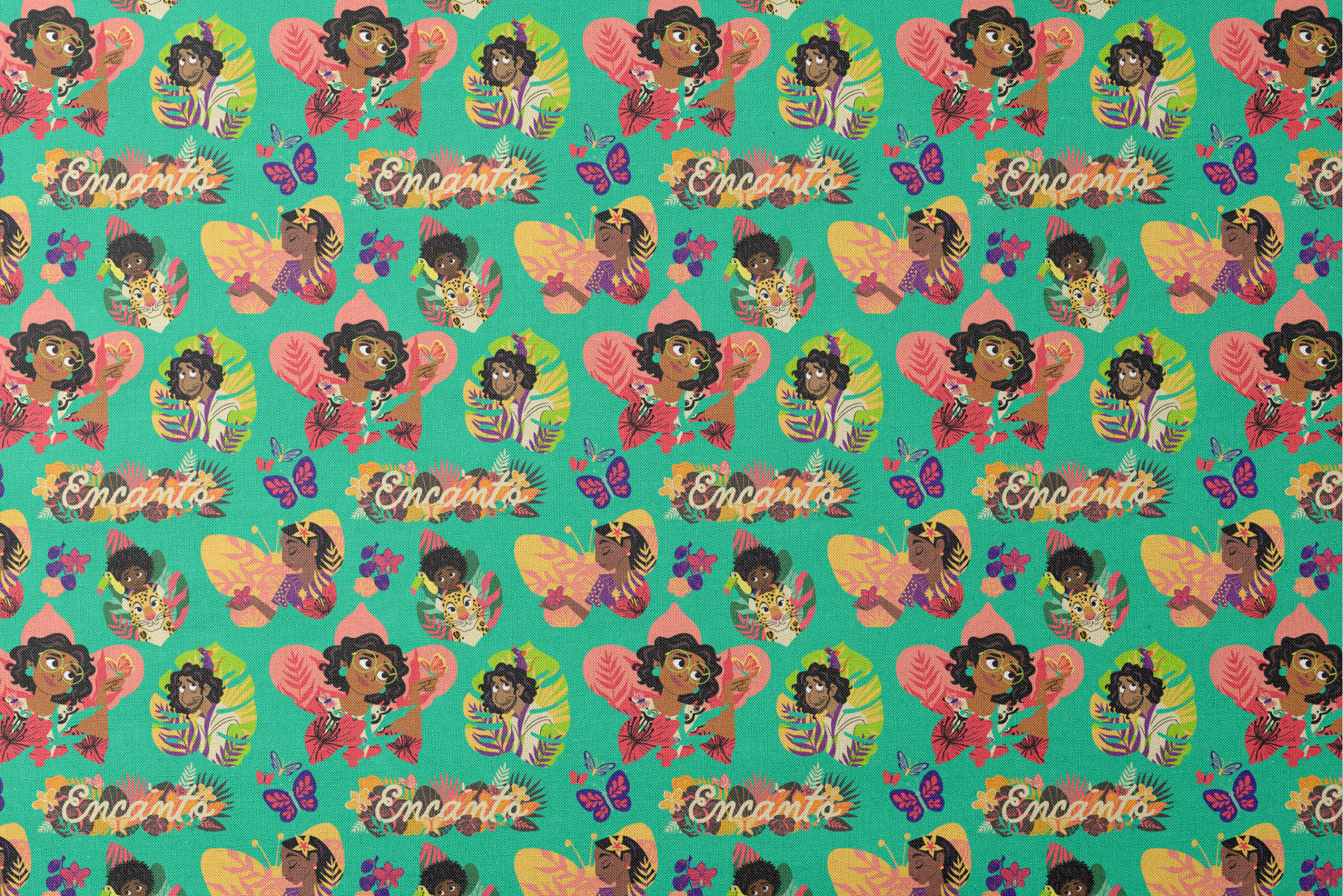 Colorful illustration with characters, butterflies, and tropical leaves on turquoise background with "Encanto" text designs flat mockup