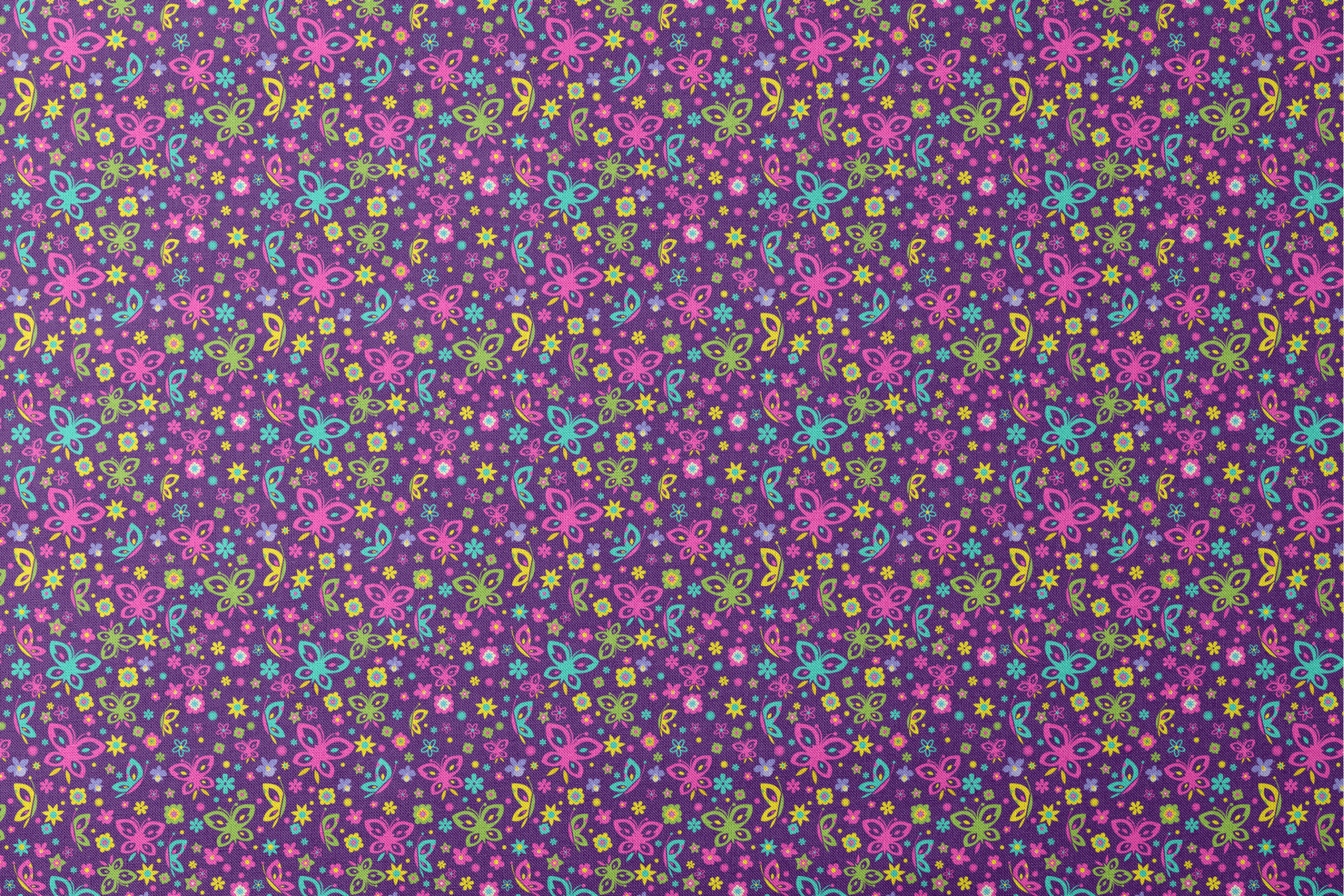 Colorful butterfly and flower pattern on purple background with pink, blue, green, and yellow designs designs flat mockup