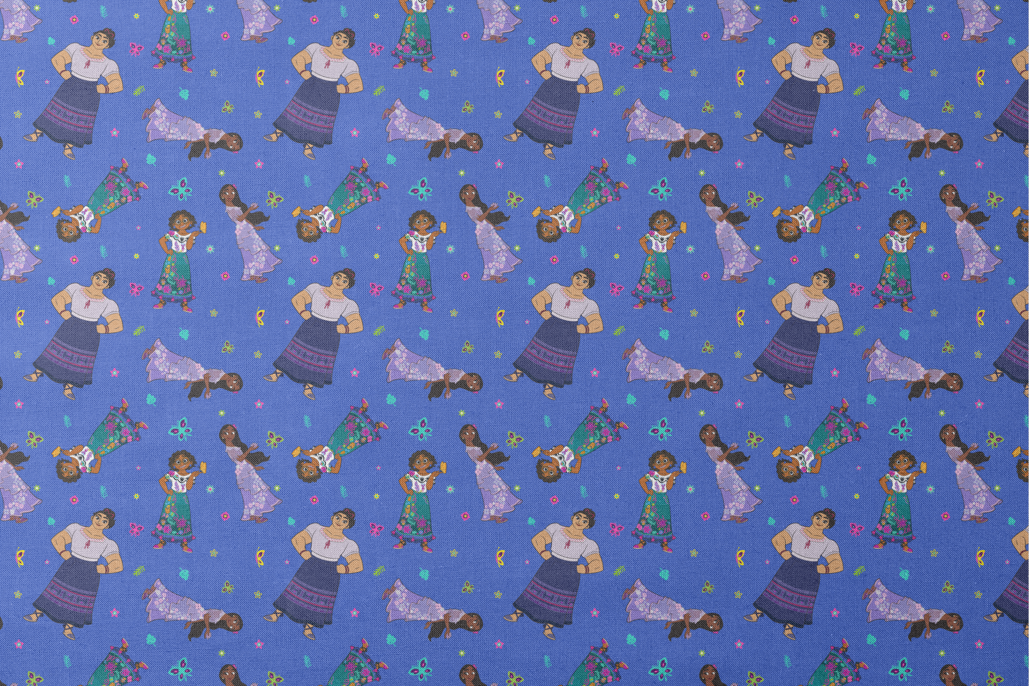 Colorful cartoon figures in traditional clothing floating on vibrant blue background with butterflies and flowers designs flat mockup