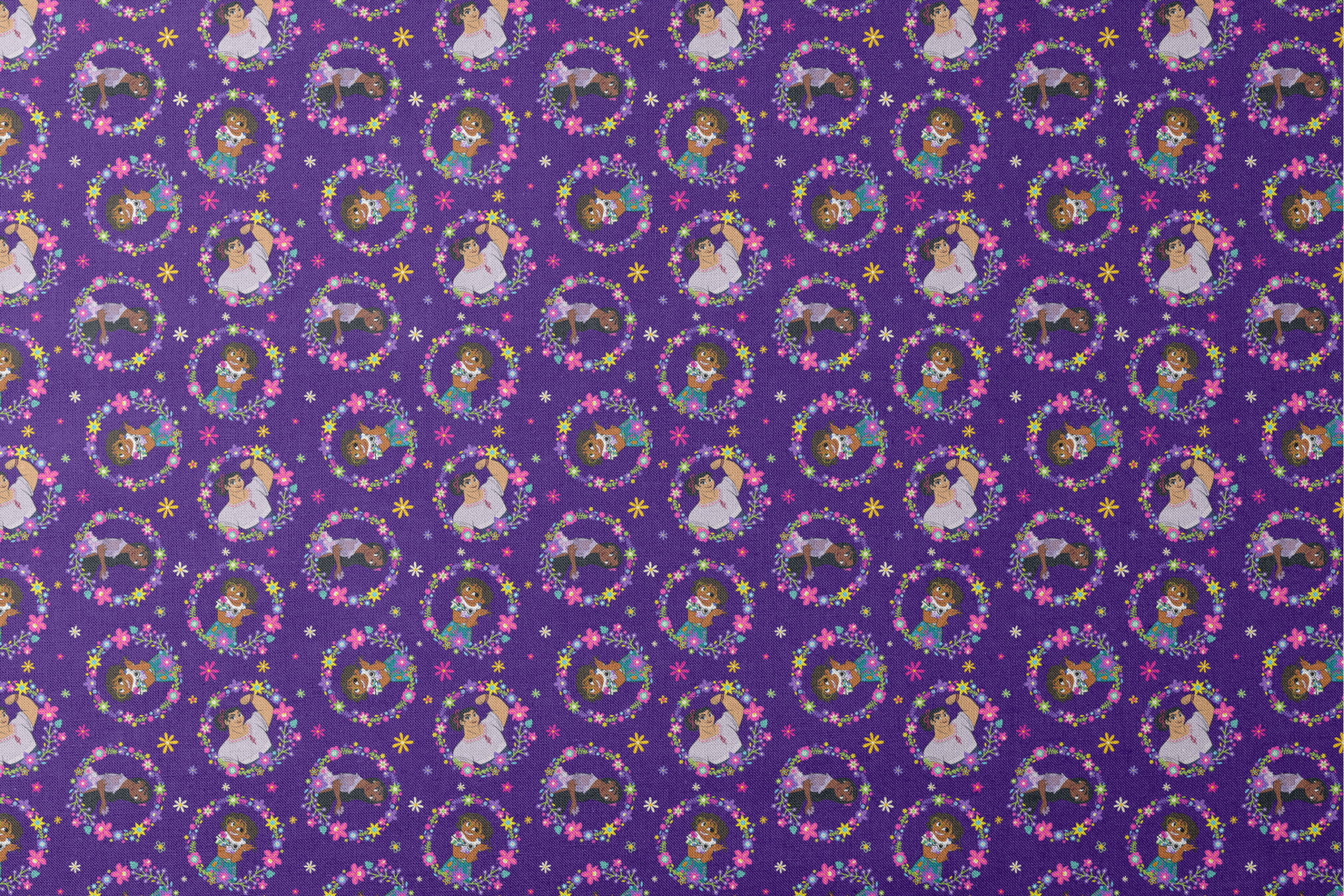 Colorful cartoon characters in floral wreaths pattern on deep purple background with stars designs flat mockup