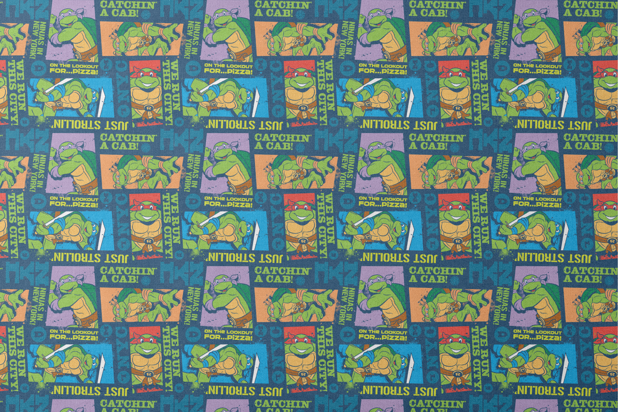 Teenage Mutant Ninja Turtles comic-style panels with characters in action poses and phrases like "Catchin' a Cab!" and "On the Lookout for Pizza! designs flat mockup