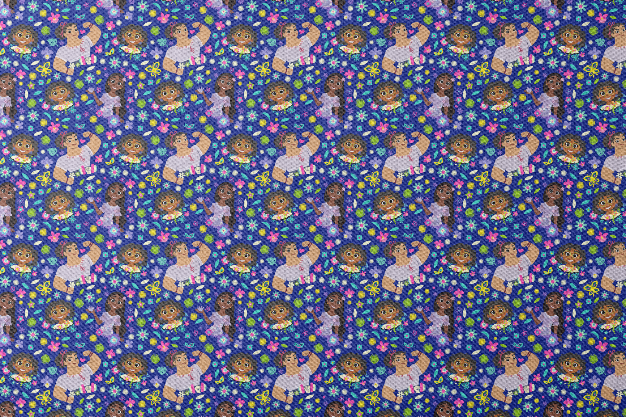 Colorful cartoon characters surrounded by bright flowers on vibrant blue background designs flat mockup