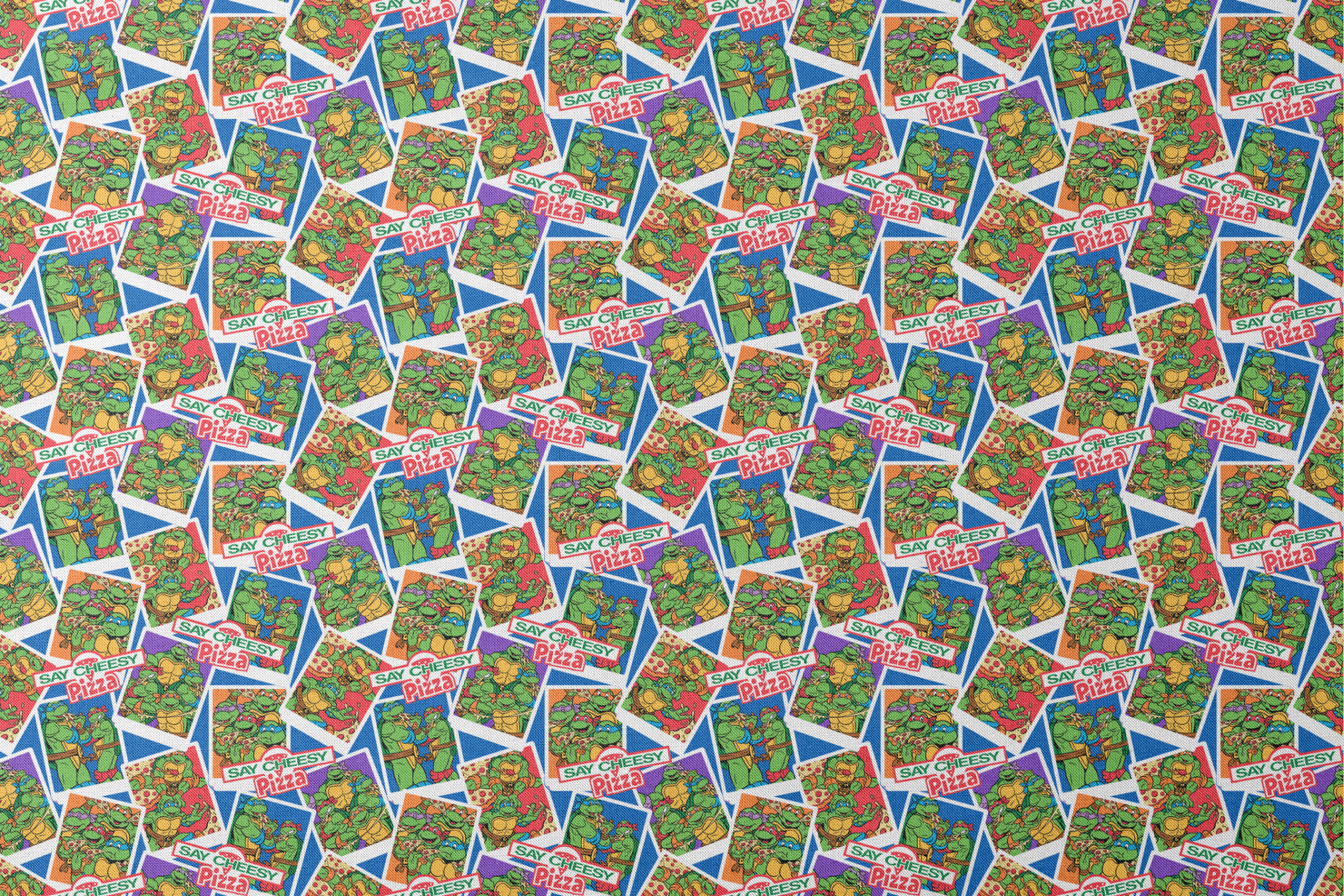 Colorful collage of Teenage Mutant Ninja Turtles cartoon characters with "Say Cheesy Pizza" text on vibrant background designs flat mockup