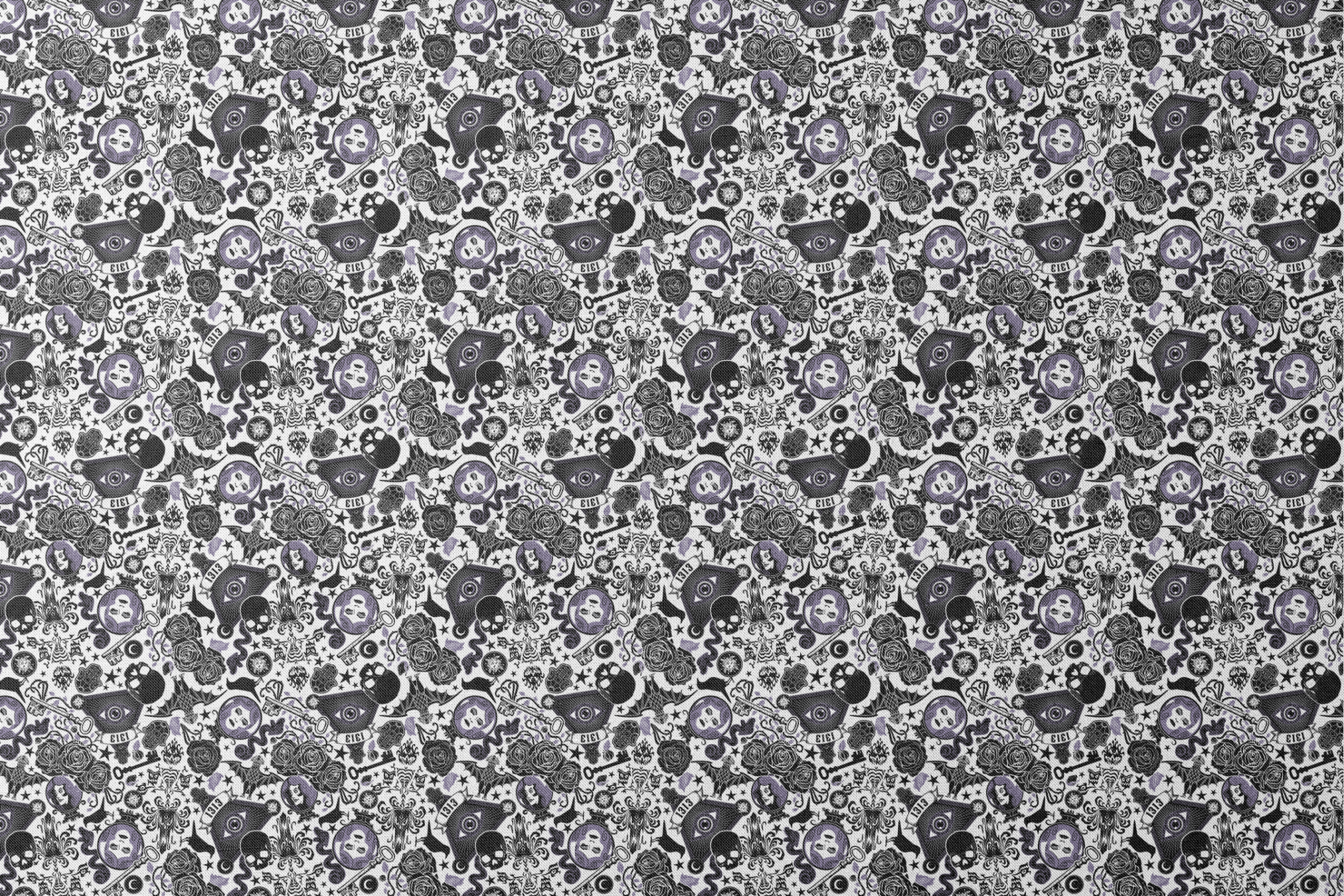 Gothic-inspired pattern with roses, medallions, ravens, and Victorian motifs in black and purple designs flat mockup