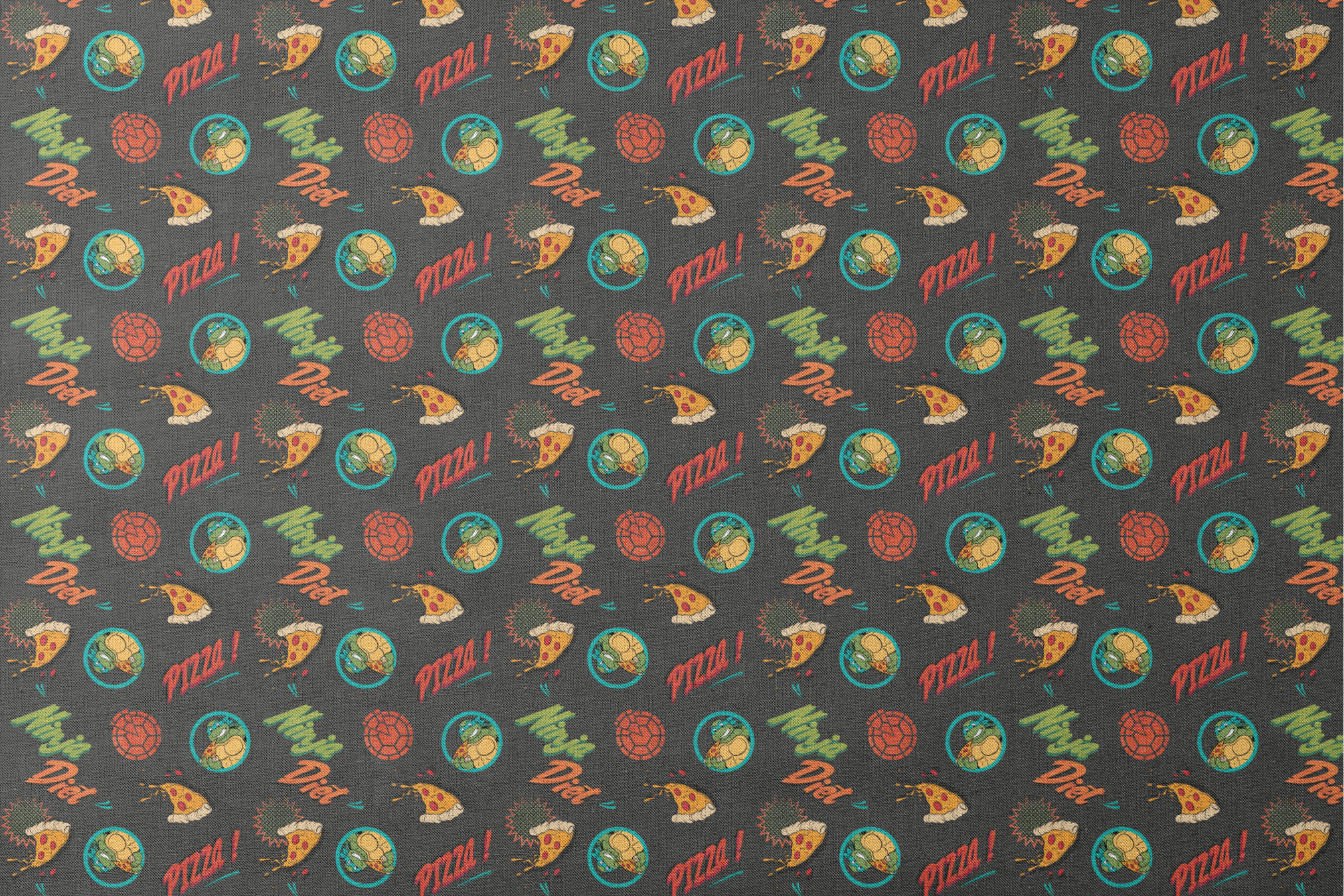 Colorful cartoon pizza pattern with "Pizza!" text, Teenage Mutant Ninja Turtles in circles, and decorative elements on dark background. designs flat mockup