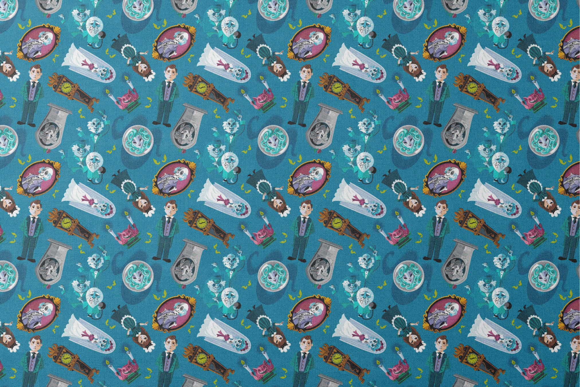 Haunted Mansion themed pattern with cartoon ghosts, portraits, coffins, and spooky elements on teal background designs flat mockup