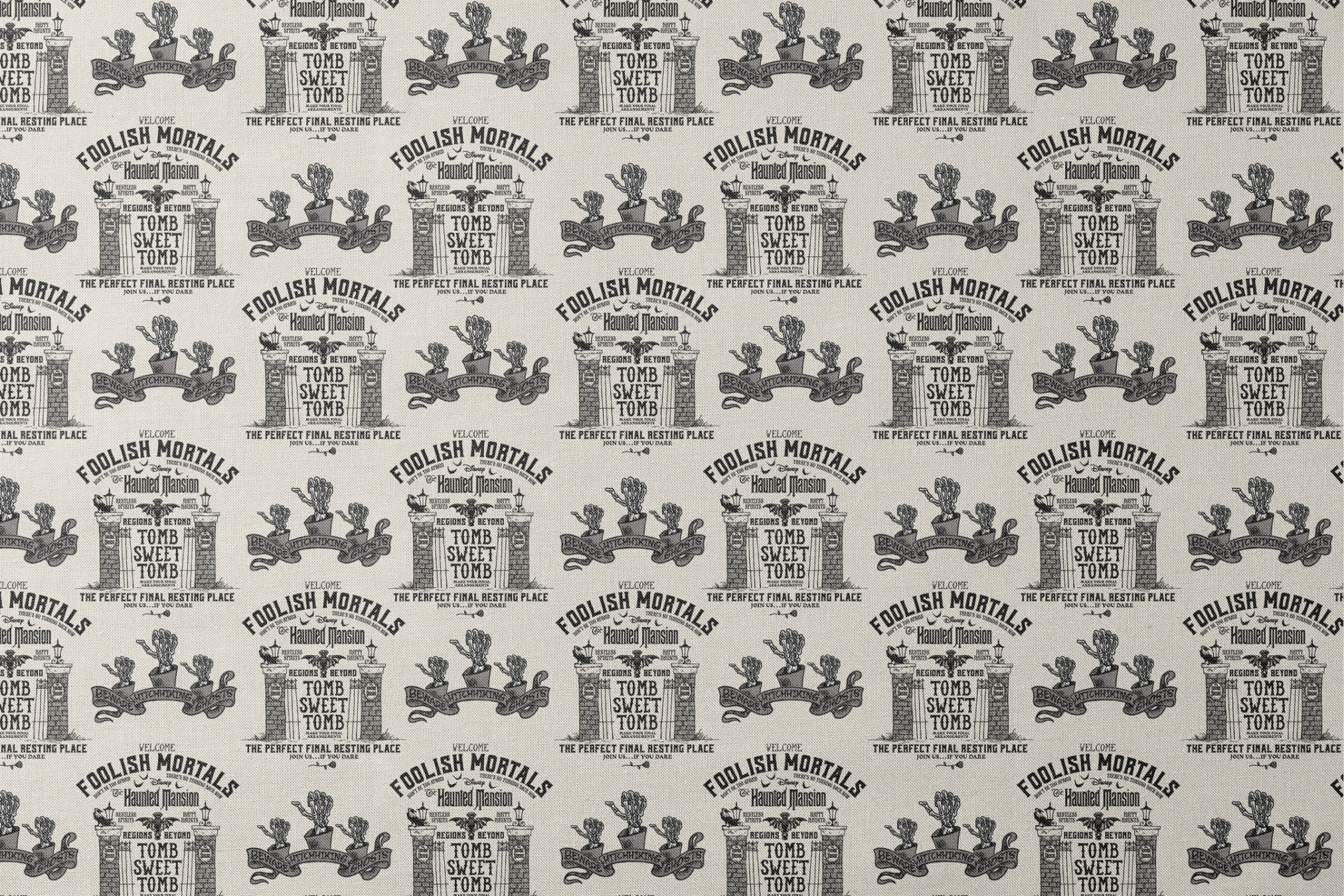 Repeating pattern of "Foolish Mortals" Haunted Mansion signage with ornate tomb designs in vintage black and cream style designs flat mockup